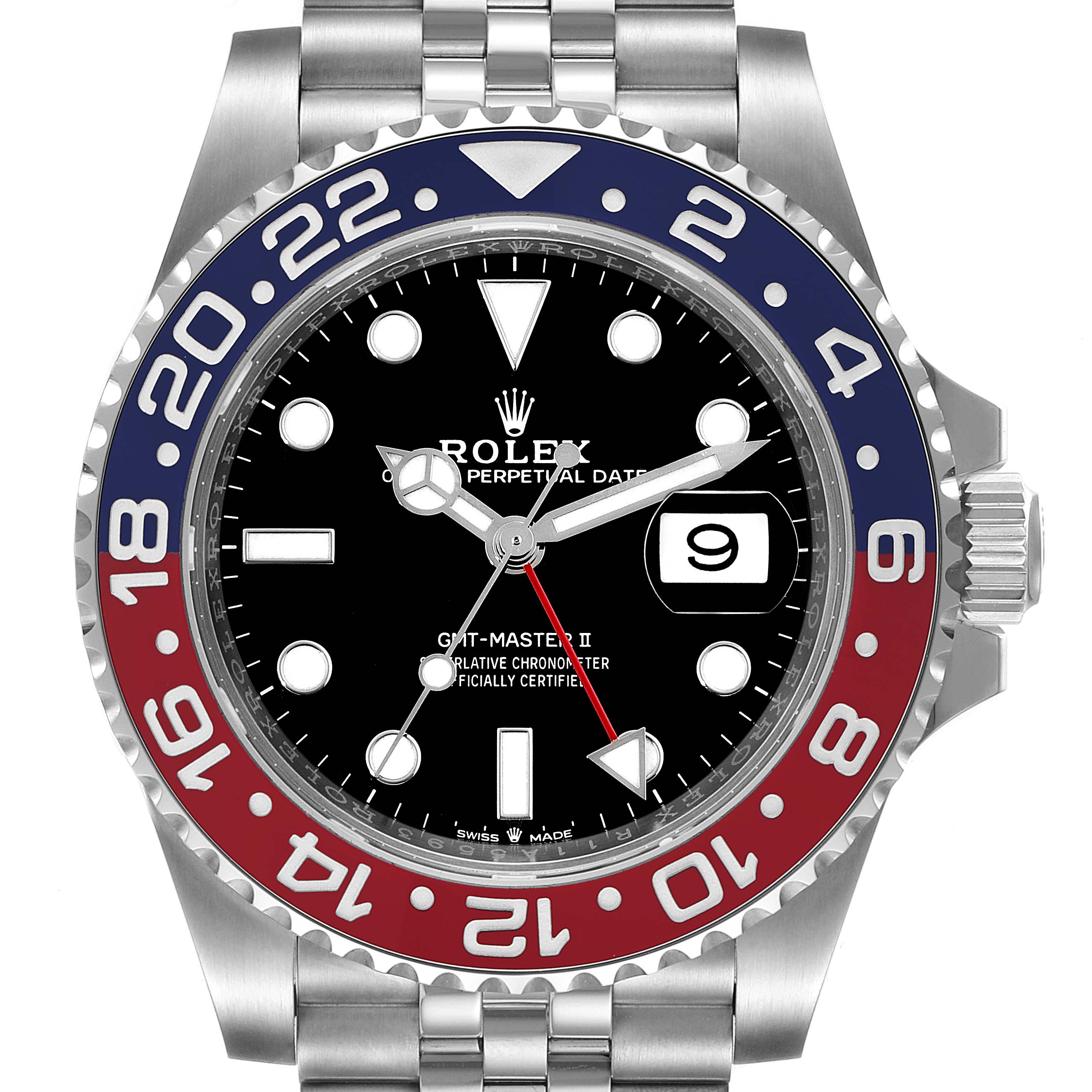This image shows a front view of the Rolex GMT-Master 126710 Men
s Stainless Steel Black Dial 126710 Men
s Stainless Steel Black Dial II watch, highlighting its bezel, dial, hands, and date window.