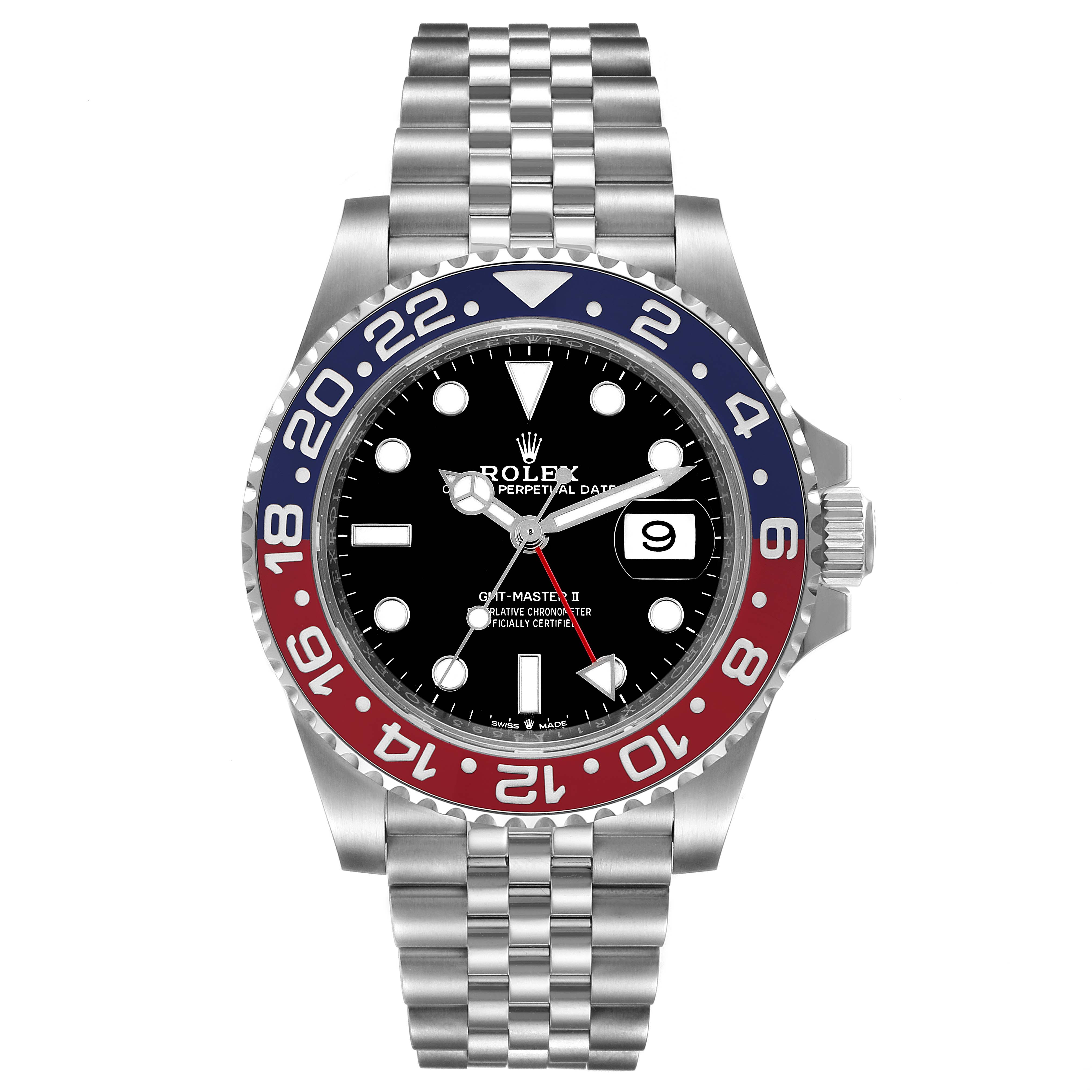 The Rolex GMT-Master 126710 Men
s Stainless Steel Black Dial 126710 Men
s Stainless Steel Black Dial watch is shown from a front view, displaying its bezel, dial, hands, and bracelet.