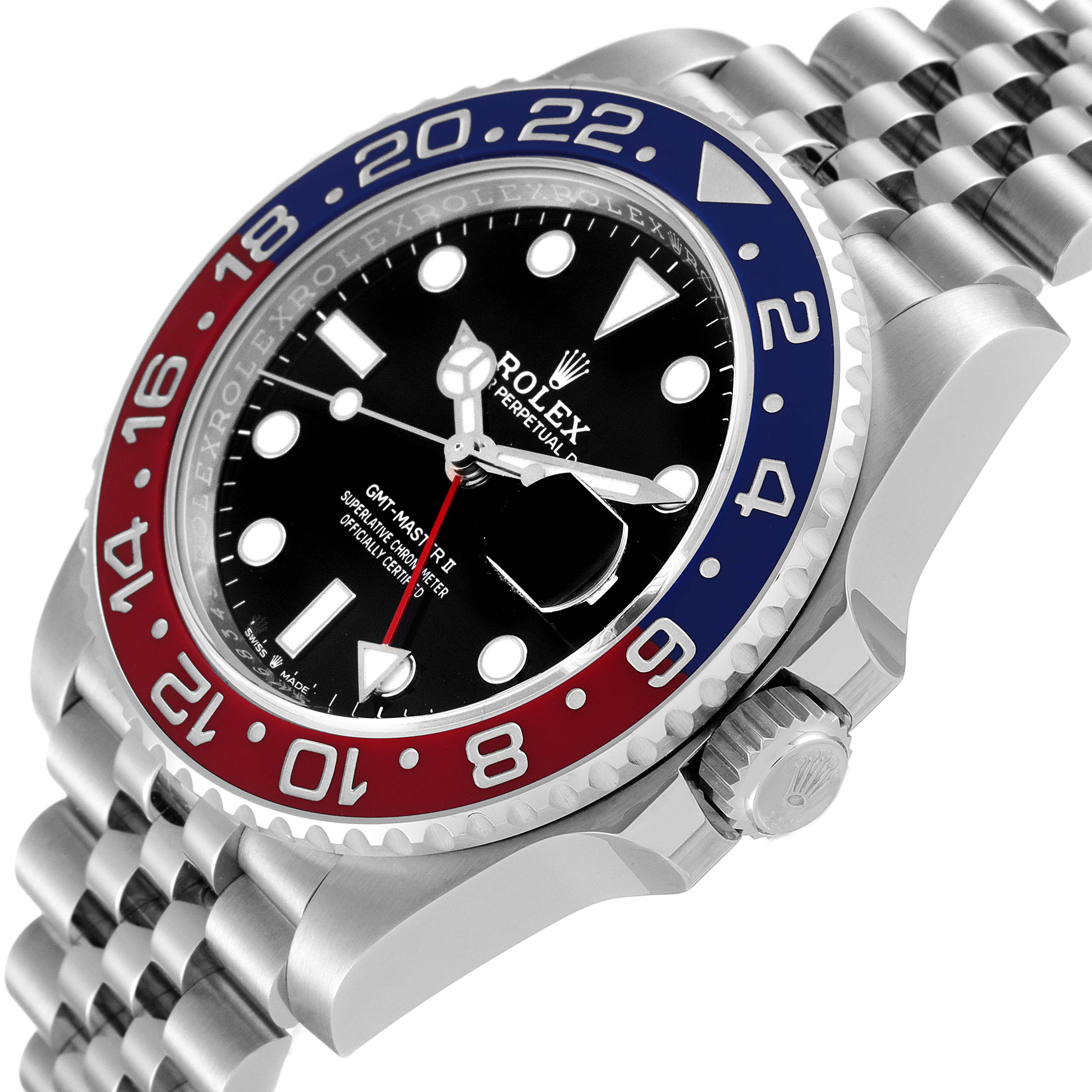 The image shows a close-up angle of the Rolex GMT-Master 126710 Men
s Stainless Steel Black Dial 126710 Men
s Stainless Steel Black Dial II, displaying its dial, bezel, crown, and part of the bracelet.