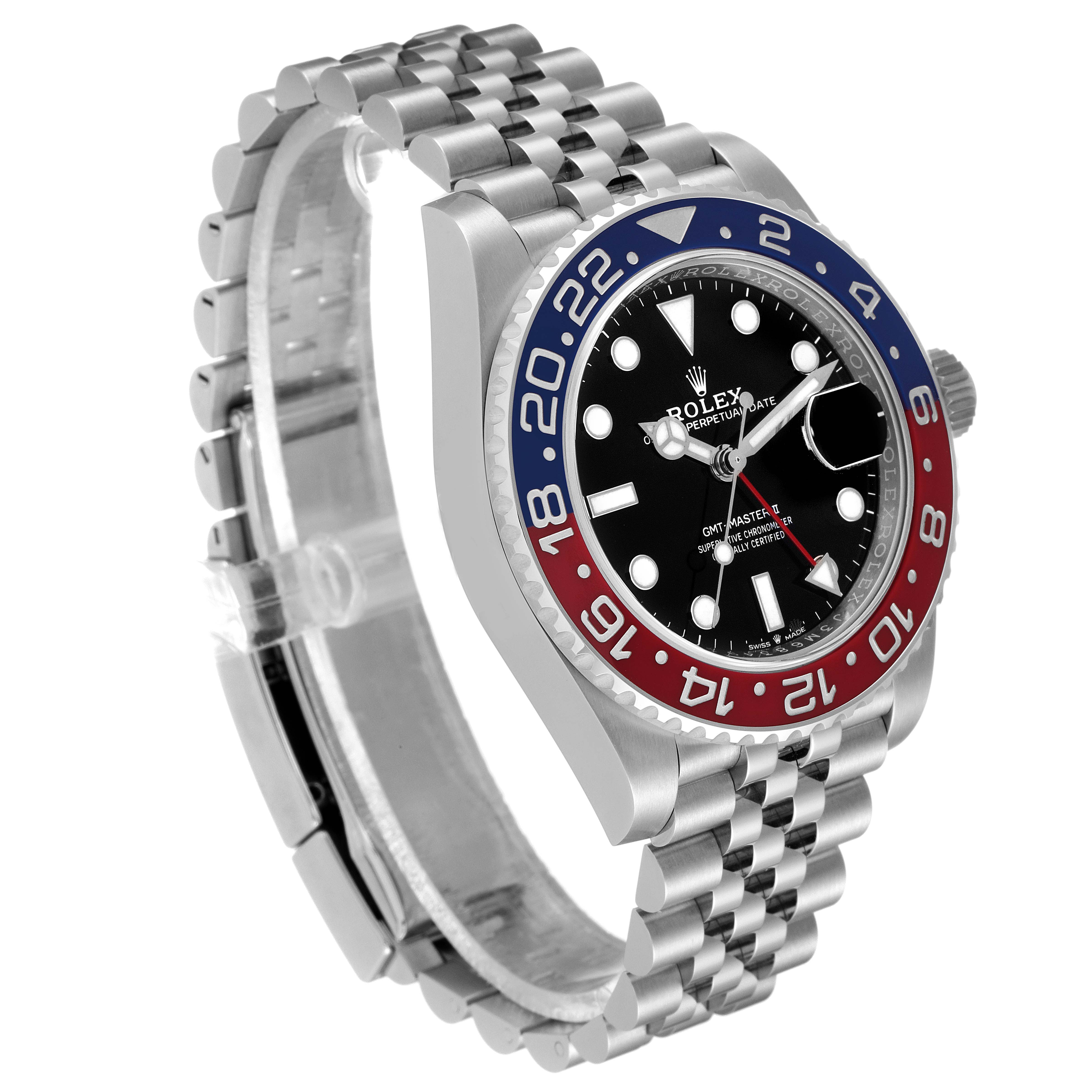 The image shows a side angle of a Rolex GMT-Master 126710 Men
s Stainless Steel Black Dial 126710 Men
s Stainless Steel Black Dial watch, highlighting its bezel, dial, and jubilee bracelet.