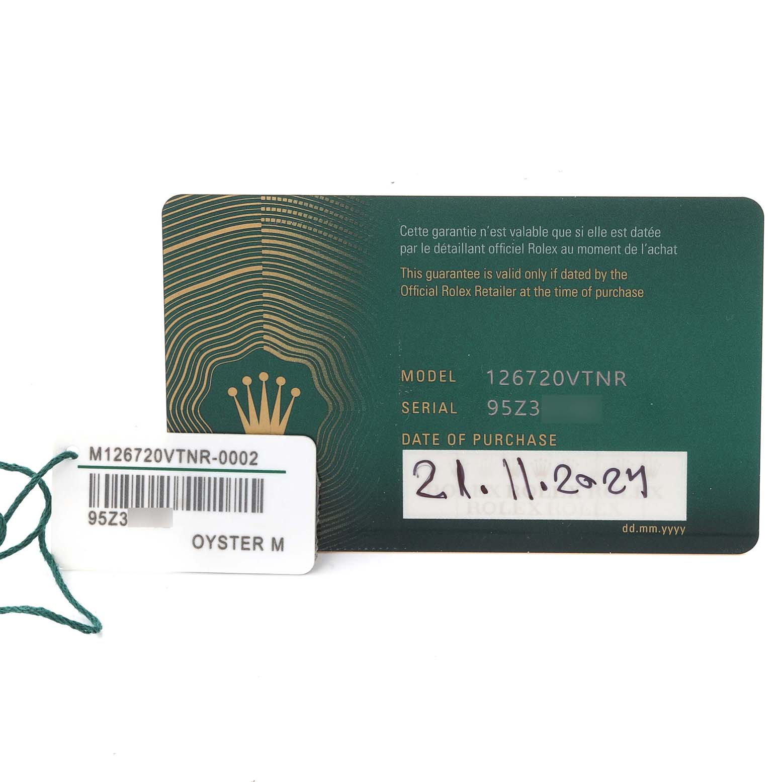 The image shows a certification card and tag for a Rolex GMT-Master 126720VTNR Men's Stainless Steel Black Dial 126720VTNR Men's Stainless Steel Black Dial, model 126720VTNR.