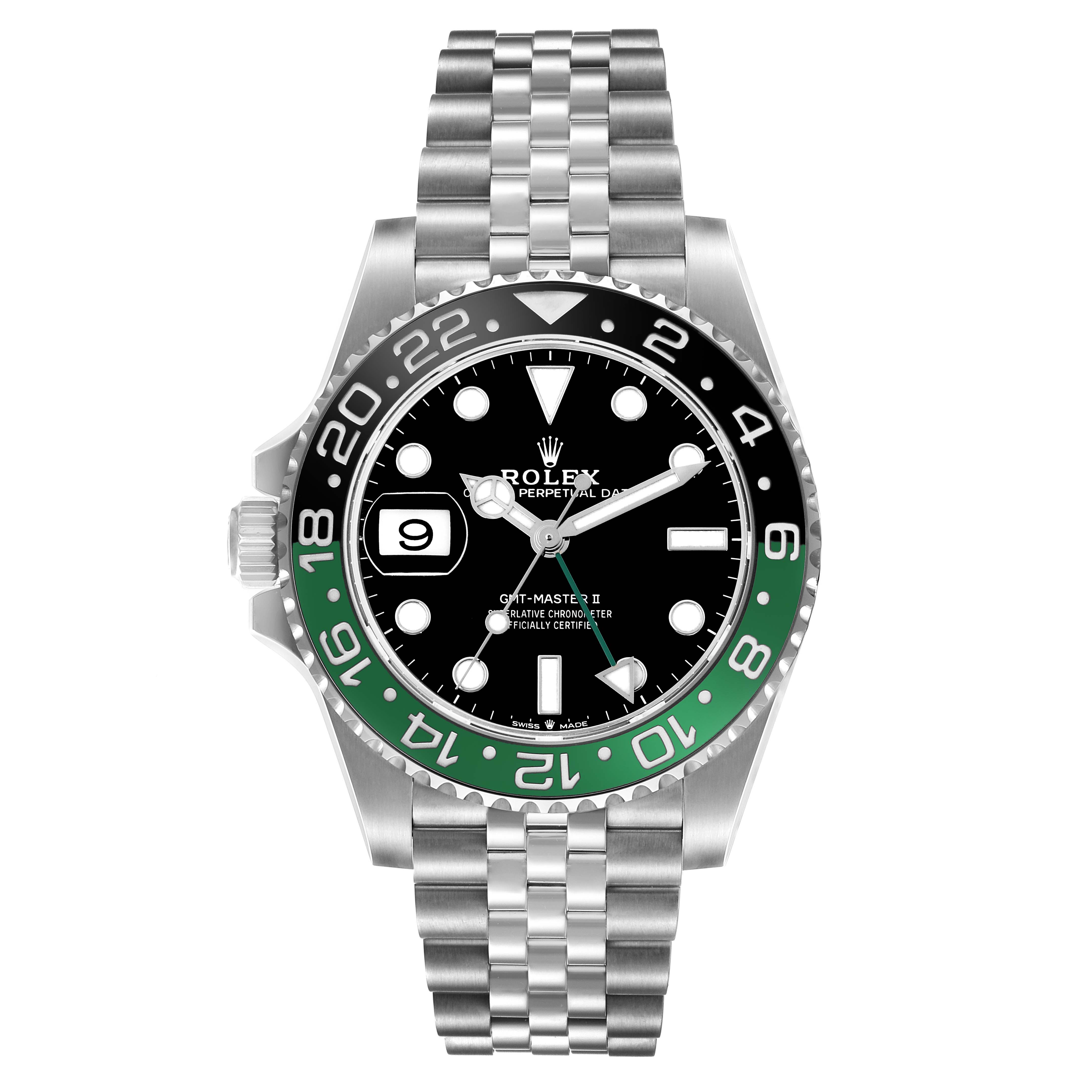The Rolex GMT-Master 126720VTNR Men's Stainless Steel Black Dial 126720VTNR Men's Stainless Steel Black Dial watch is shown from the front, displaying its dial, bezel, and bracelet clearly.