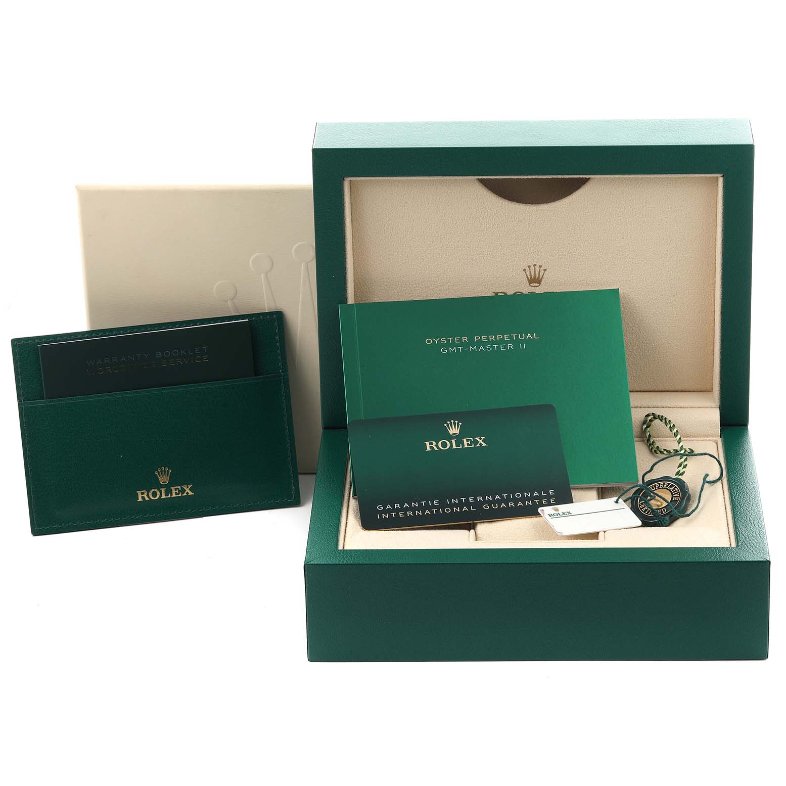 The image shows a Rolex GMT-Master 126720VTNR Men's Stainless Steel Black Dial 126720VTNR Men's Stainless Steel Black Dial watch box with accessories, including booklets and a warranty card, viewed from the front.
