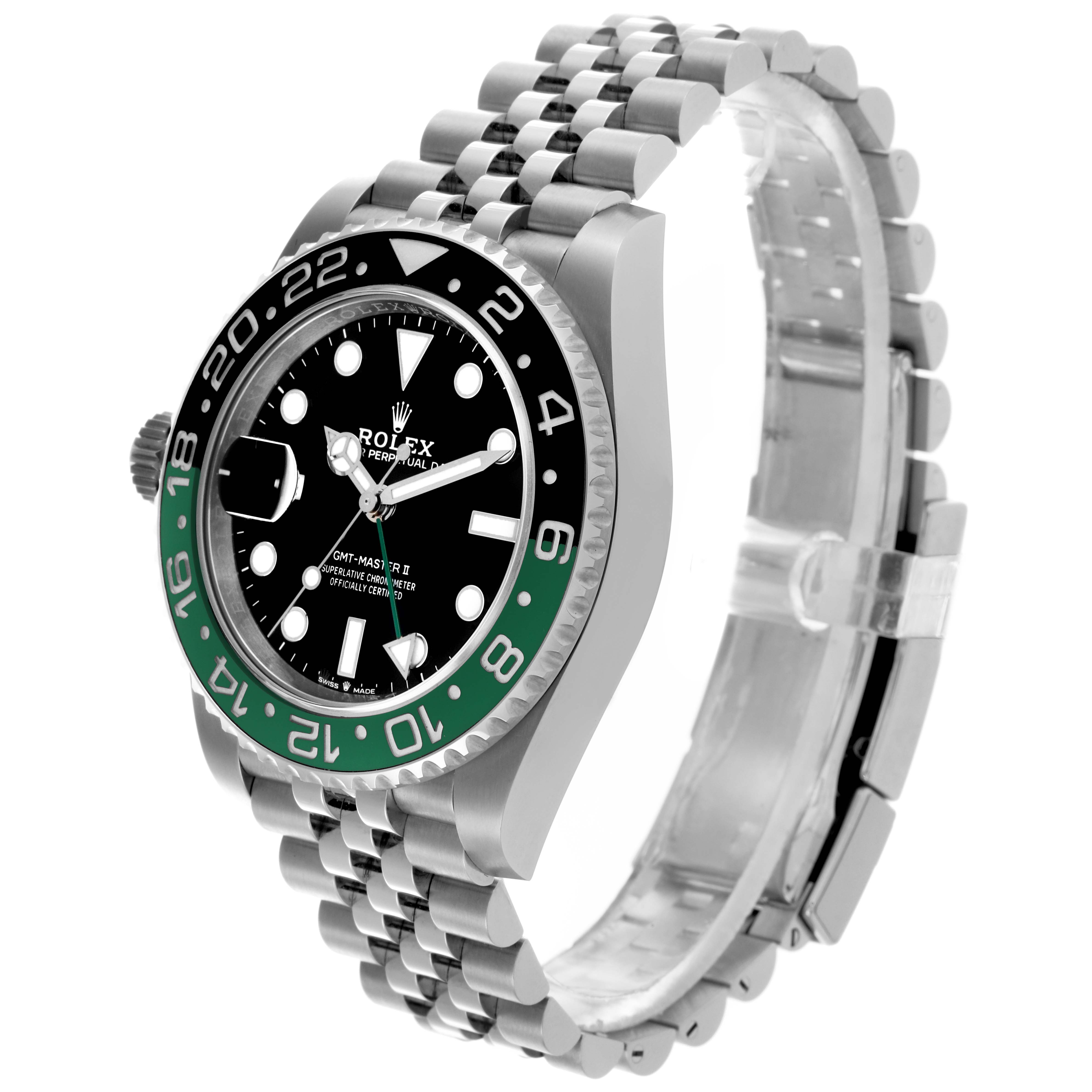 The Rolex GMT-Master 126720VTNR Men's Stainless Steel Black Dial 126720VTNR Men's Stainless Steel Black Dial watch is shown at a three-quarter angle, highlighting the bezel, dial, and bracelet.