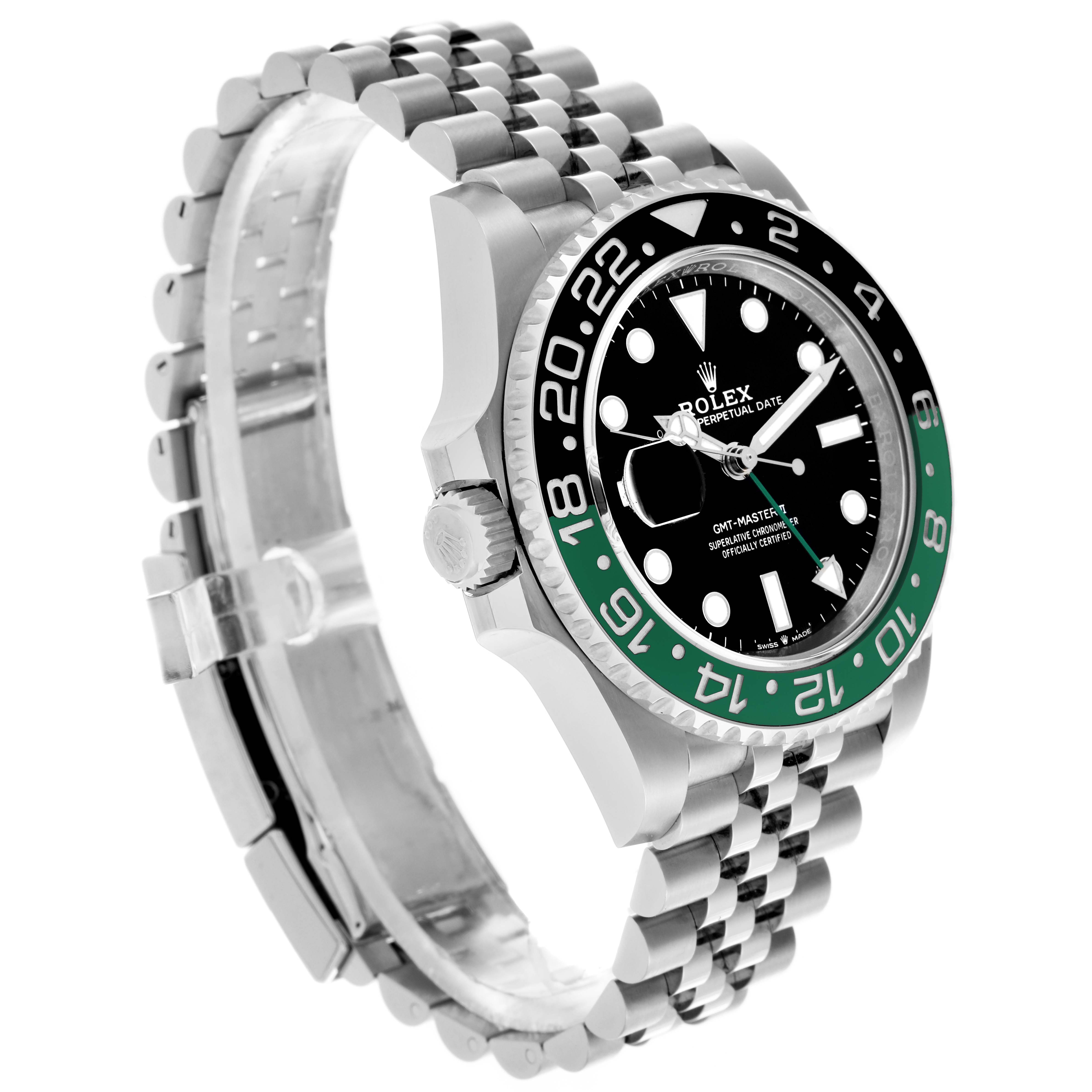 The Rolex GMT-Master 126720VTNR Men's Stainless Steel Black Dial 126720VTNR Men's Stainless Steel Black Dial watch is shown at an angle displaying the bezel, dial, bracelet, and crown.