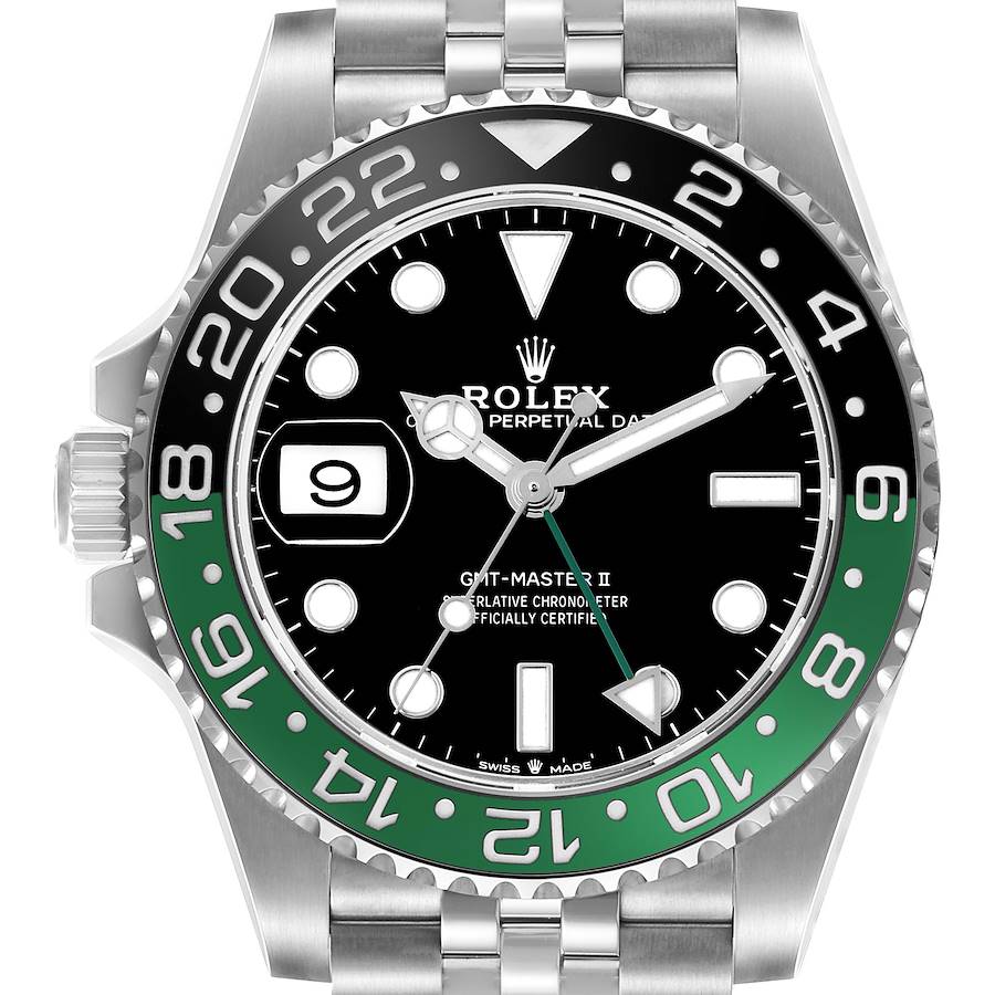 The Rolex GMT-Master watch is shown from the front, highlighting the bezel, dial, hands, and date window.