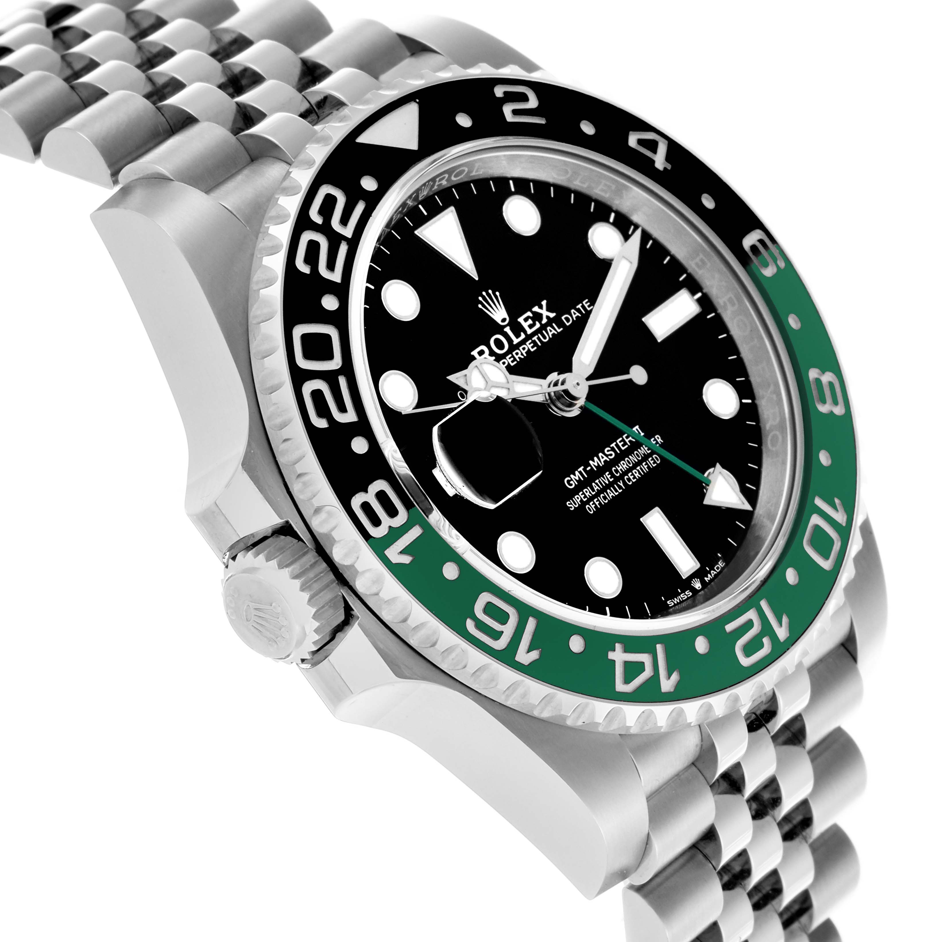 The Rolex GMT-Master 126720VTNR Men's Stainless Steel Black Dial 126720VTNR Men's Stainless Steel Black Dial watch is shown at a three-quarter angle displaying the bezel, crown, and part of the bracelet.
