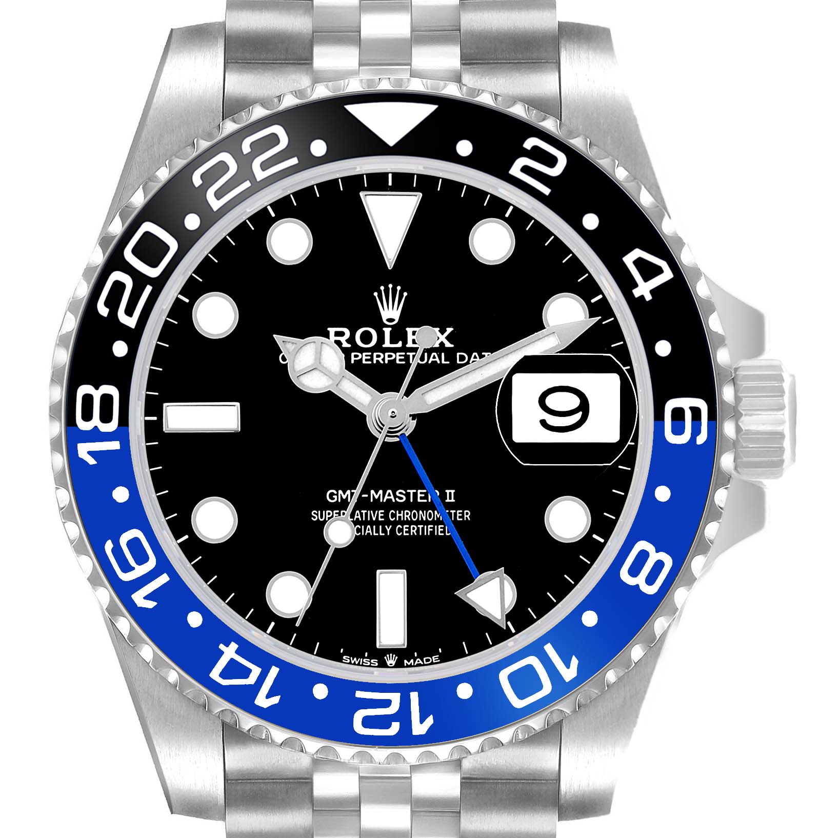 The Rolex GMT-Master 126710BLNR Men's Stainless Steel Black Dial watch is shown from a front angle, displaying the bezel, dial, hands, and part of the bracelet.