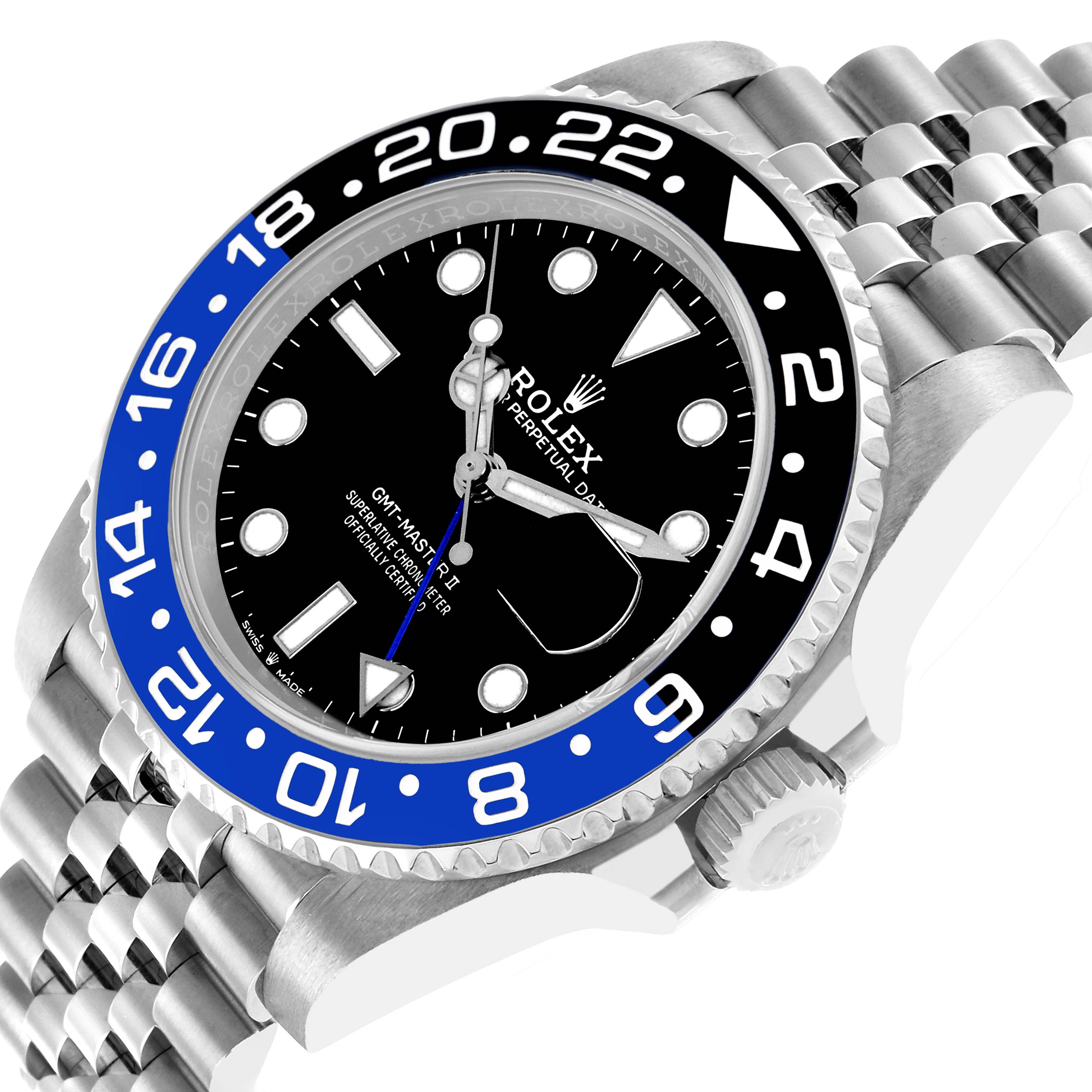 The Rolex GMT-Master 126710BLNR Men's Stainless Steel Black Dial watch is shown from an angled side view, displaying the bezel, crown, dial, and part of the bracelet.
