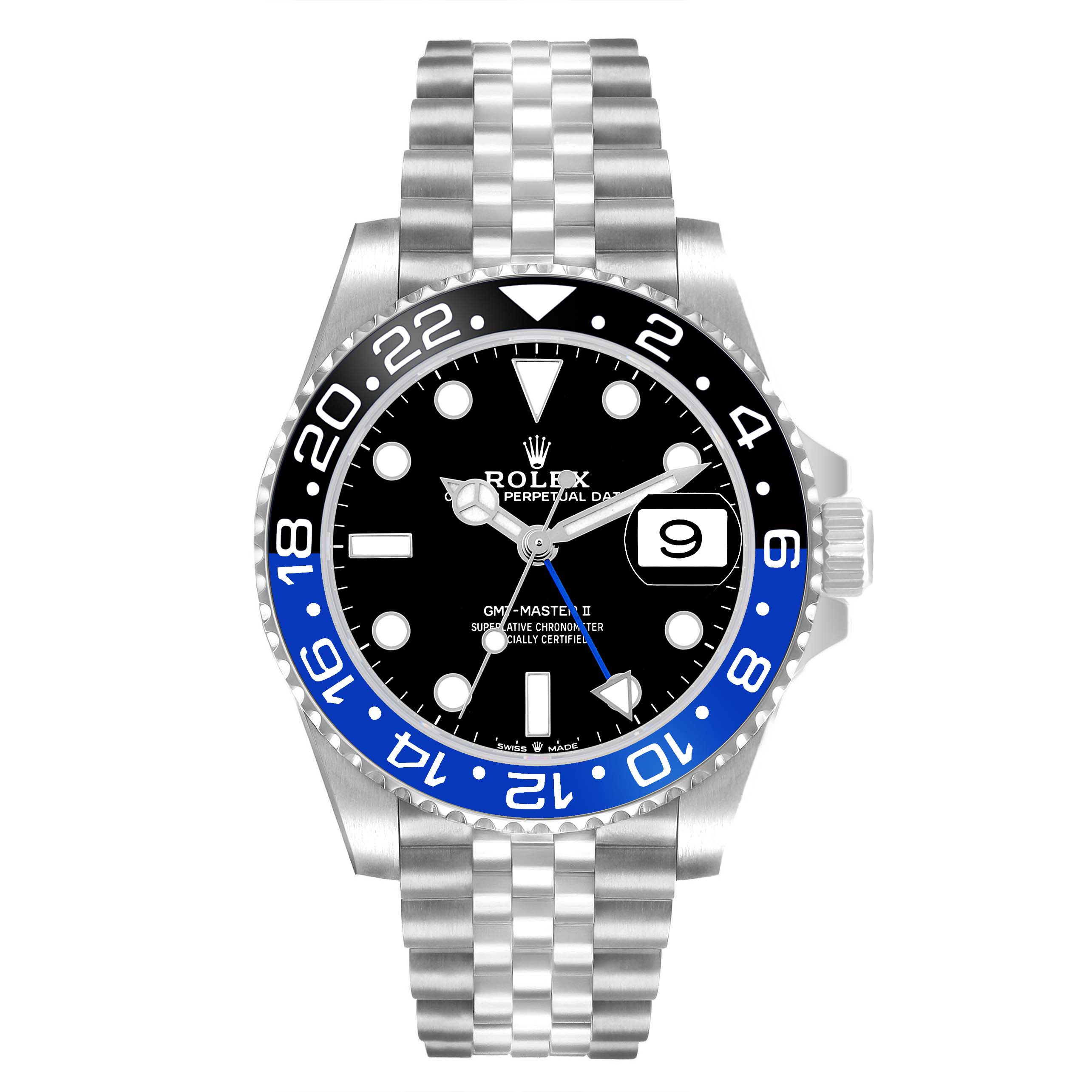 The Rolex GMT-Master 126710BLNR Men's Stainless Steel Black Dial watch is shown from the front, featuring the bezel, dial, hands, and Jubilee bracelet.