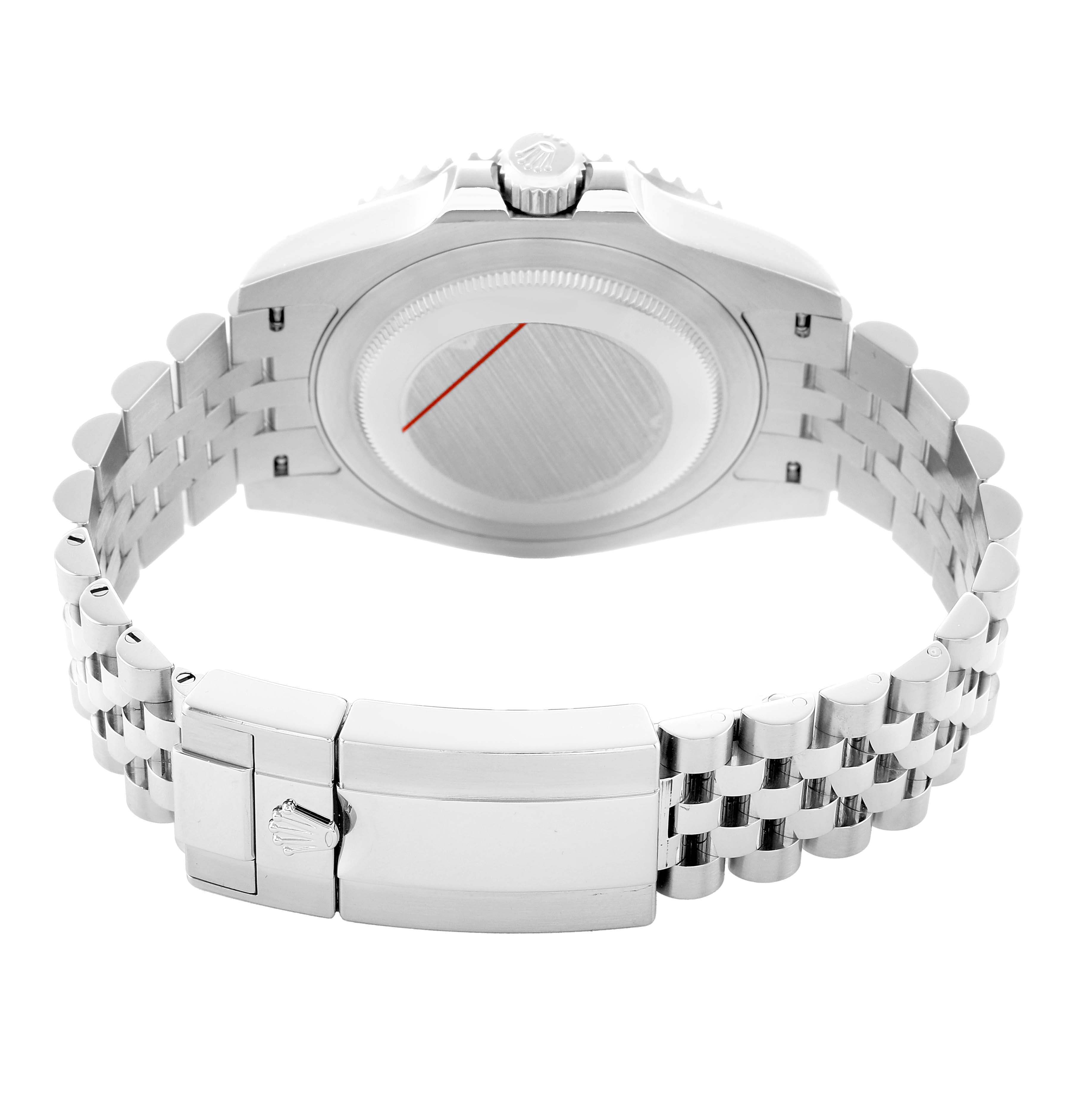 The image shows the backside of a Rolex GMT-Master 126710BLNR Men's Stainless Steel Black Dial watch, displaying the case back and the Jubilee bracelet with a clasp.