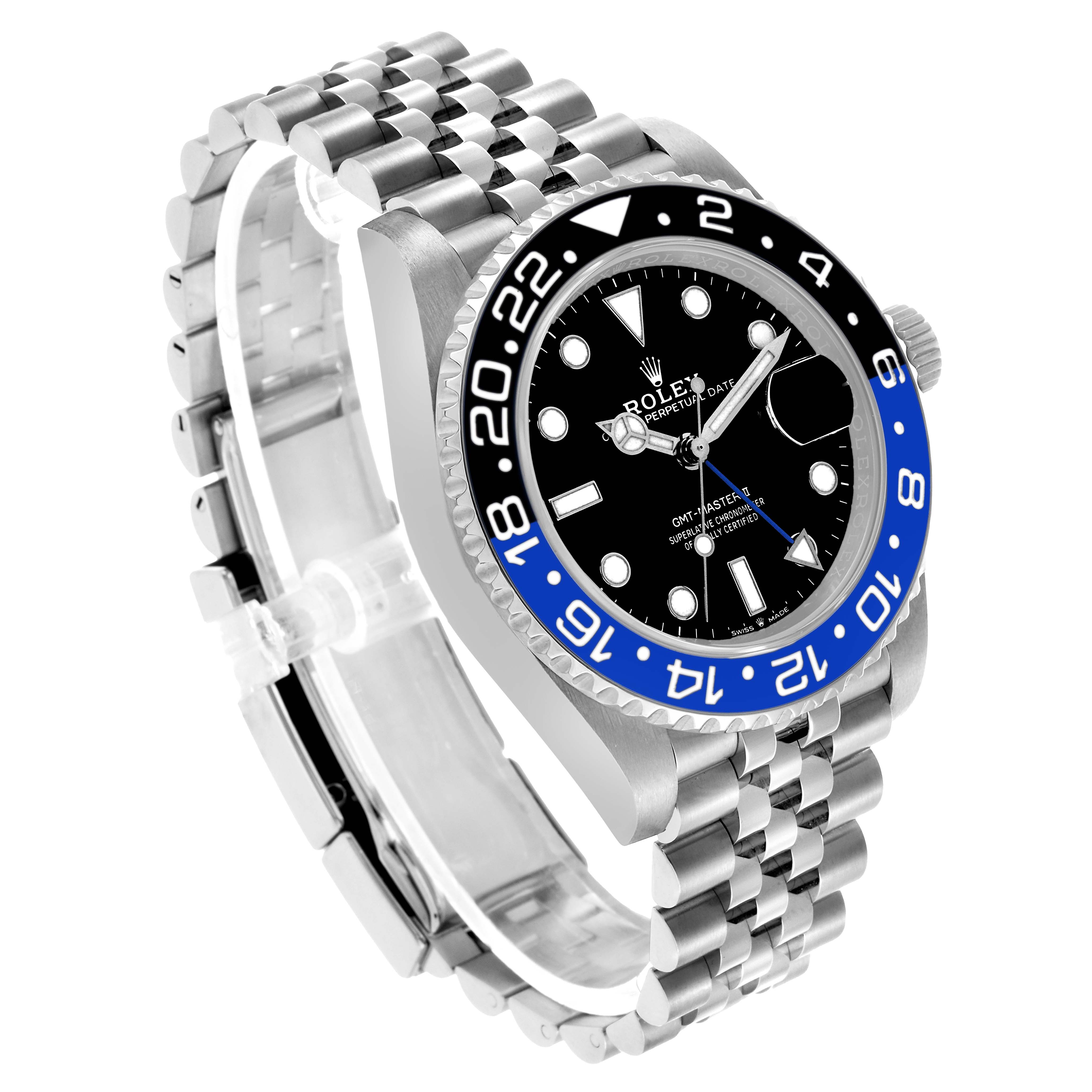 The Rolex GMT-Master 126710BLNR Men's Stainless Steel Black Dial watch is shown at a three-quarter angle, displaying the bezel, dial, and full bracelet.