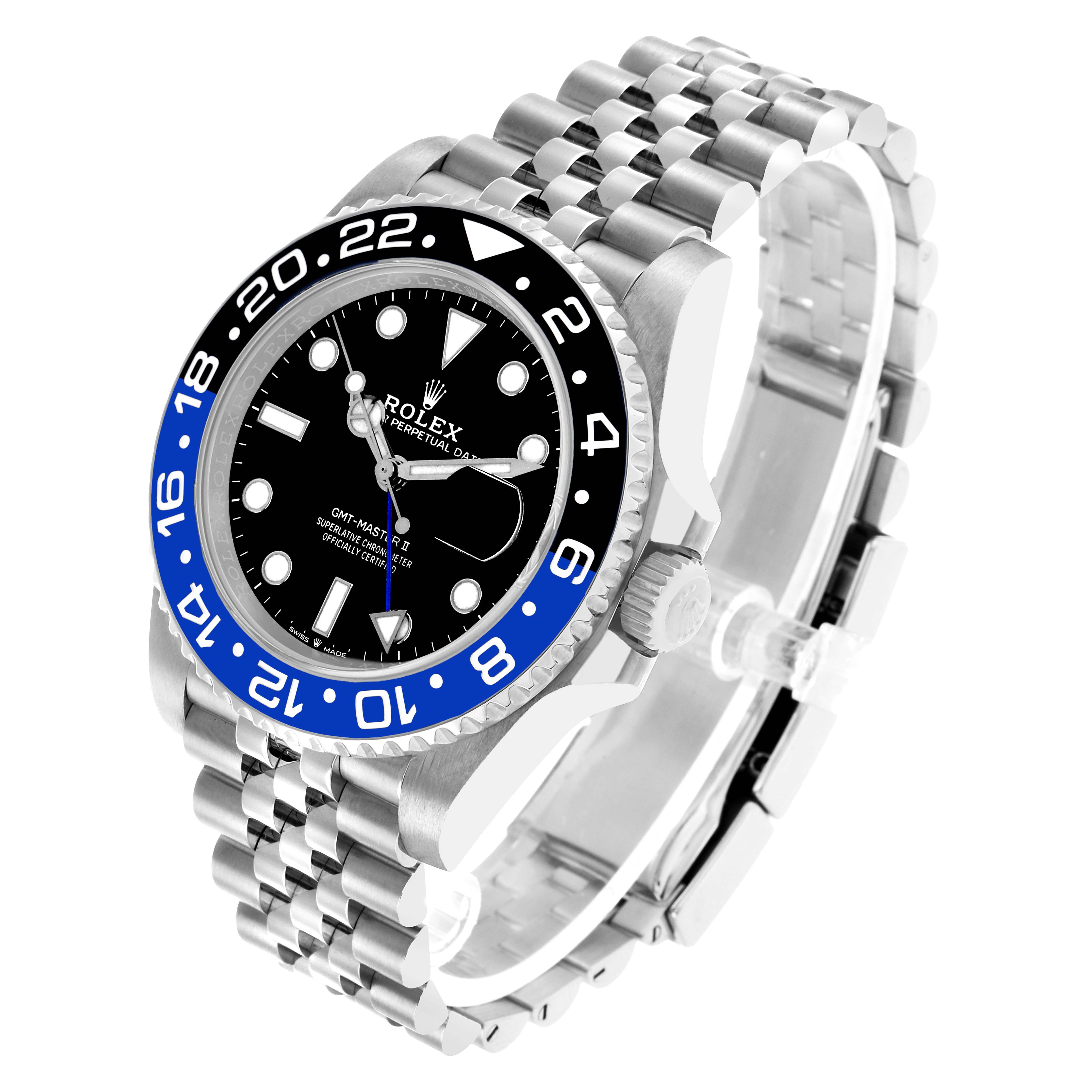 The image shows a side angle of the Rolex GMT-Master 126710BLNR Men's Stainless Steel Black Dial watch, highlighting the bezel, dial, crown, and Jubilee bracelet.