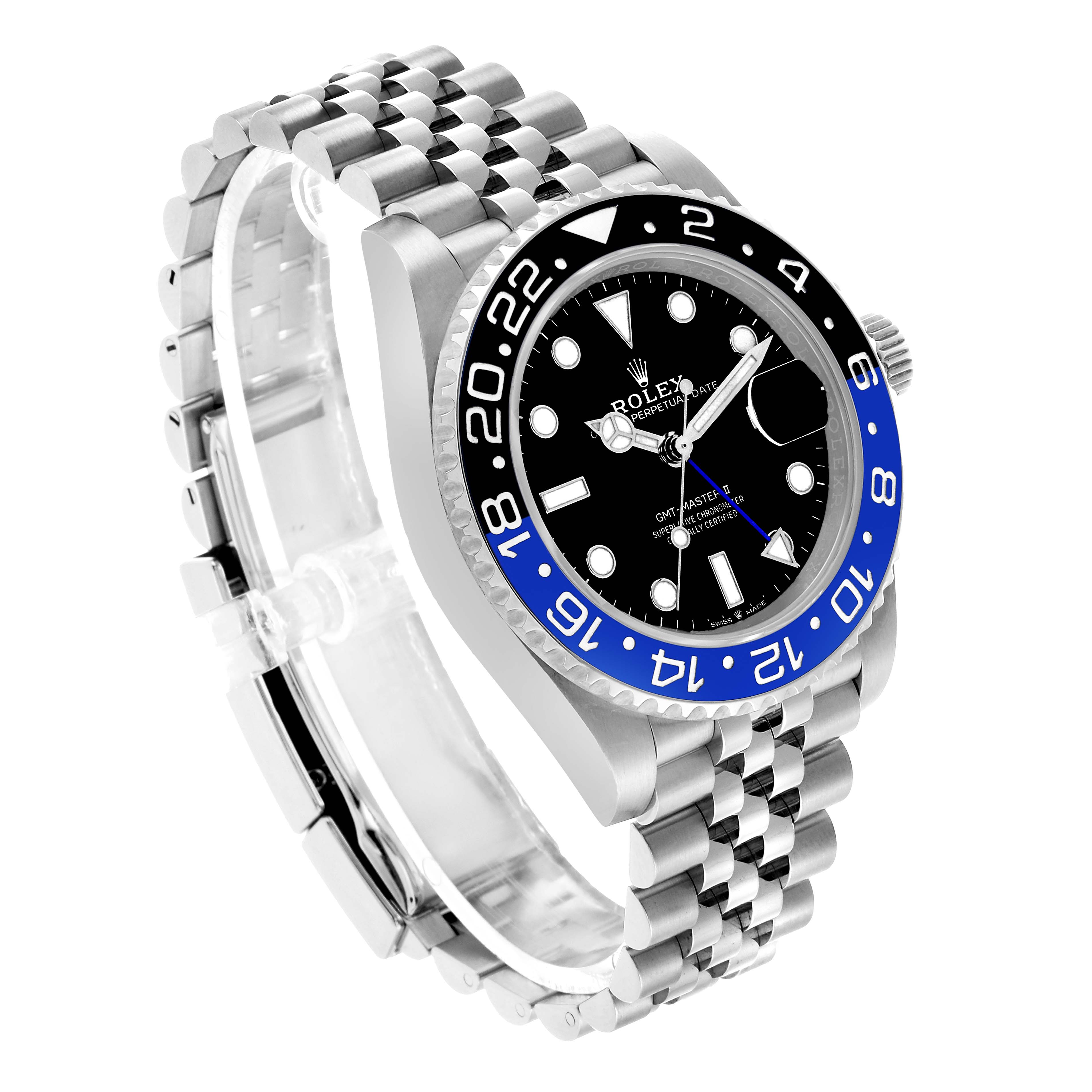 The Rolex GMT-Master 126710BLNR Men's Stainless Steel Black Dial watch is shown at a three-quarter angle, displaying the bezel, dial, bracelet, and crown.