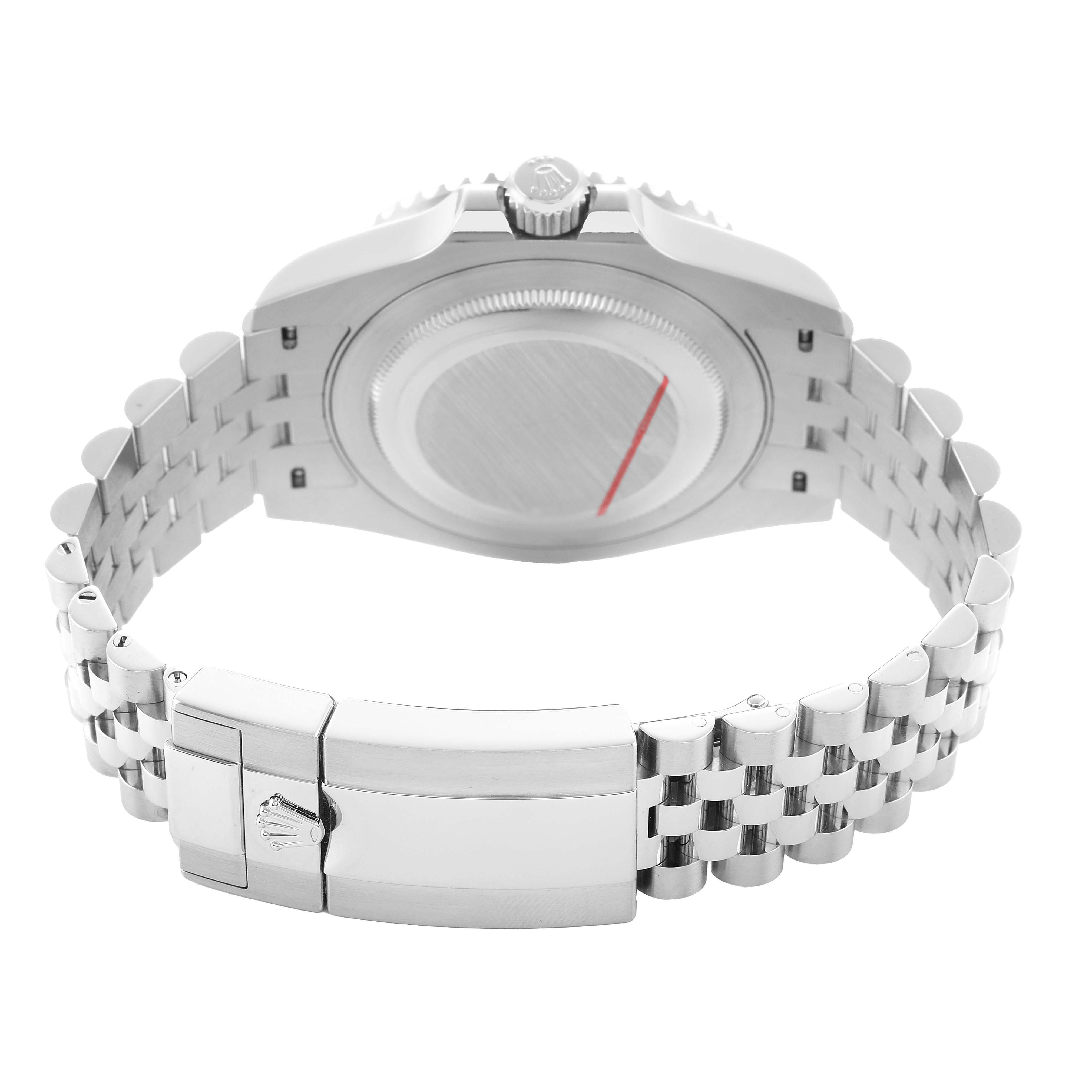 The image shows the back of the Rolex GMT-Master 126710BLNR Men's Stainless Steel Black Dial watch, highlighting the case back, crown, and bracelet clasp.