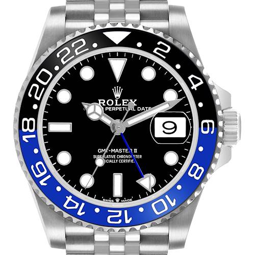 The Rolex GMT-Master 126710BLNR Men's Stainless Steel Black Dial II watch is shown from the front, highlighting its bezel, dial, hands, and date display.