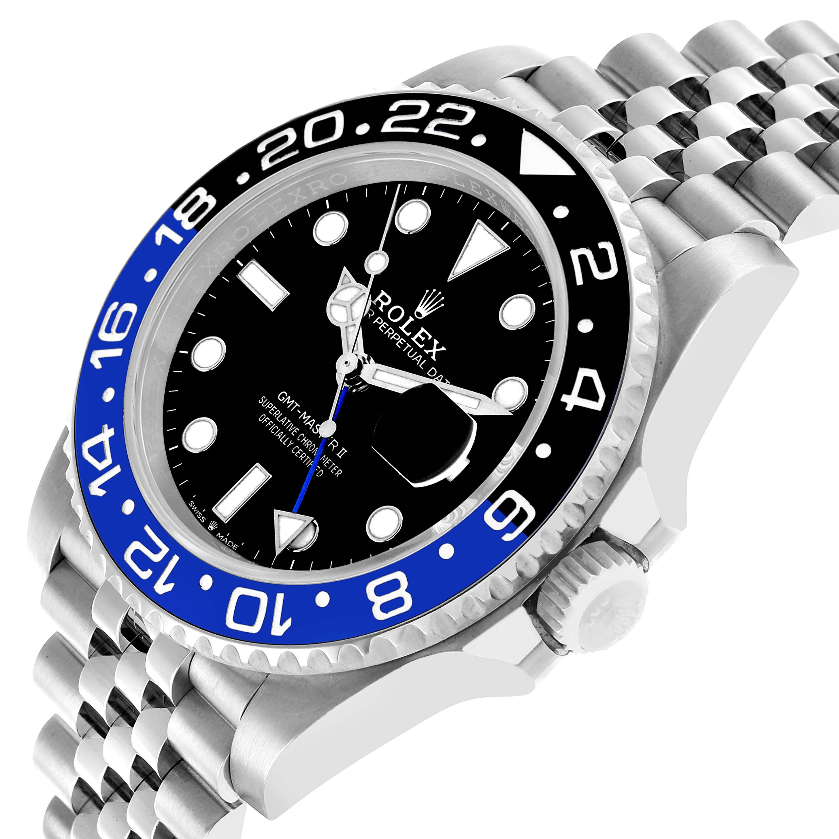 The Rolex GMT-Master 126710BLNR Men's Stainless Steel Black Dial watch is shown at an angled side view, highlighting the bezel, dial, crown, and part of the bracelet.