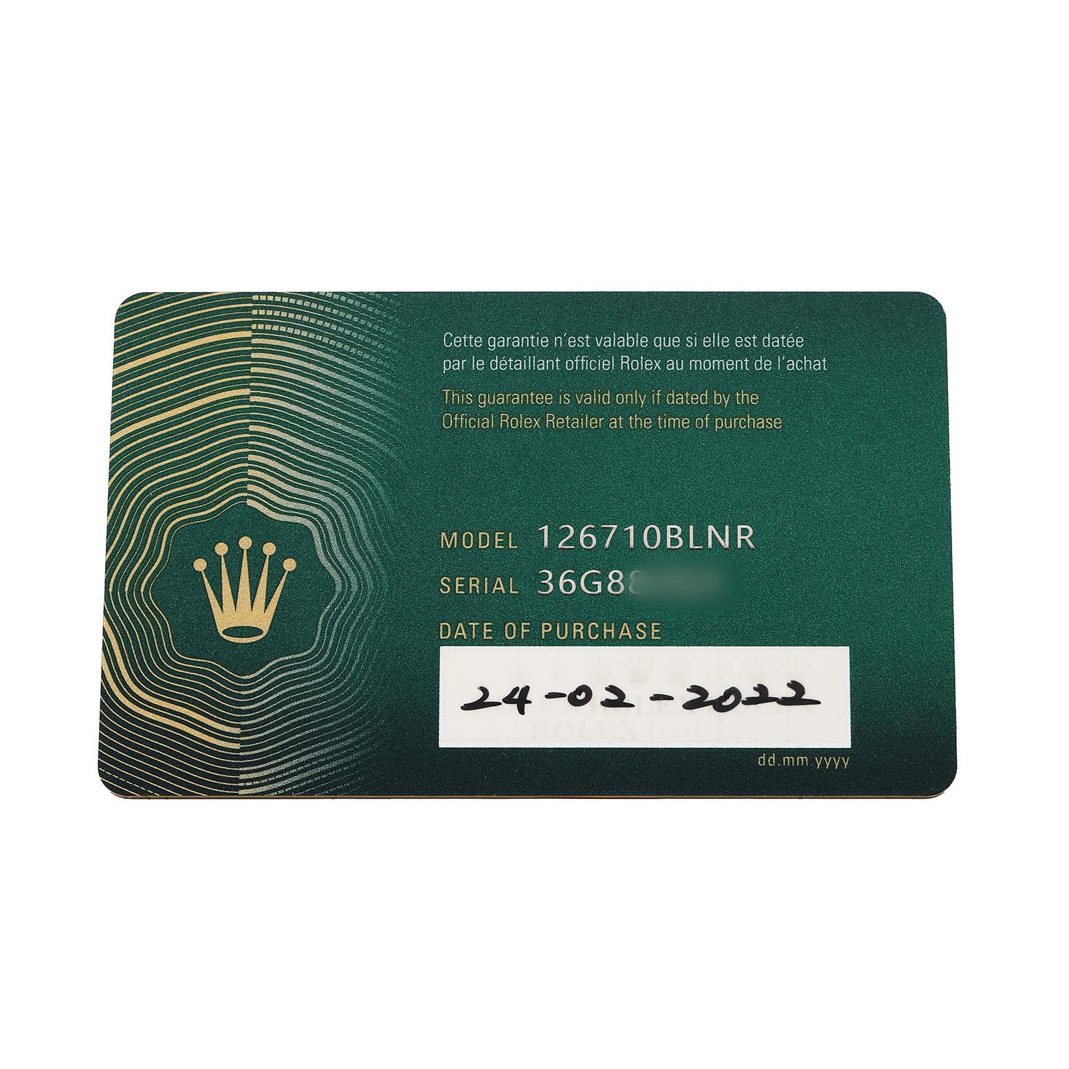 The image shows a warranty card for the Rolex GMT-Master 126710BLNR Men's Stainless Steel Black Dial model 126710BLNR.