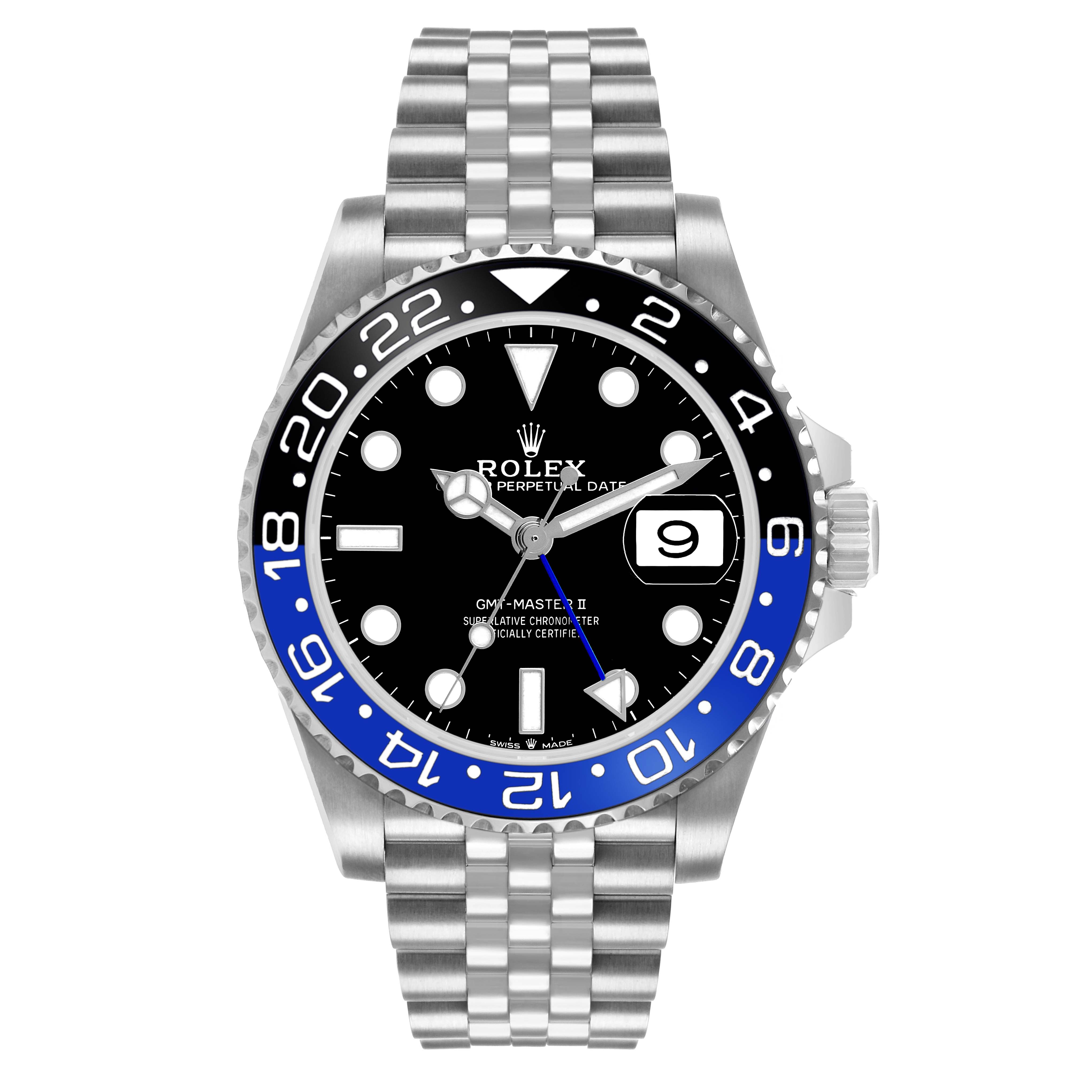 The Rolex GMT-Master 126710BLNR Men's Stainless Steel Black Dial watch is shown from a front angle, displaying its bezel, face, hands, and bracelet.