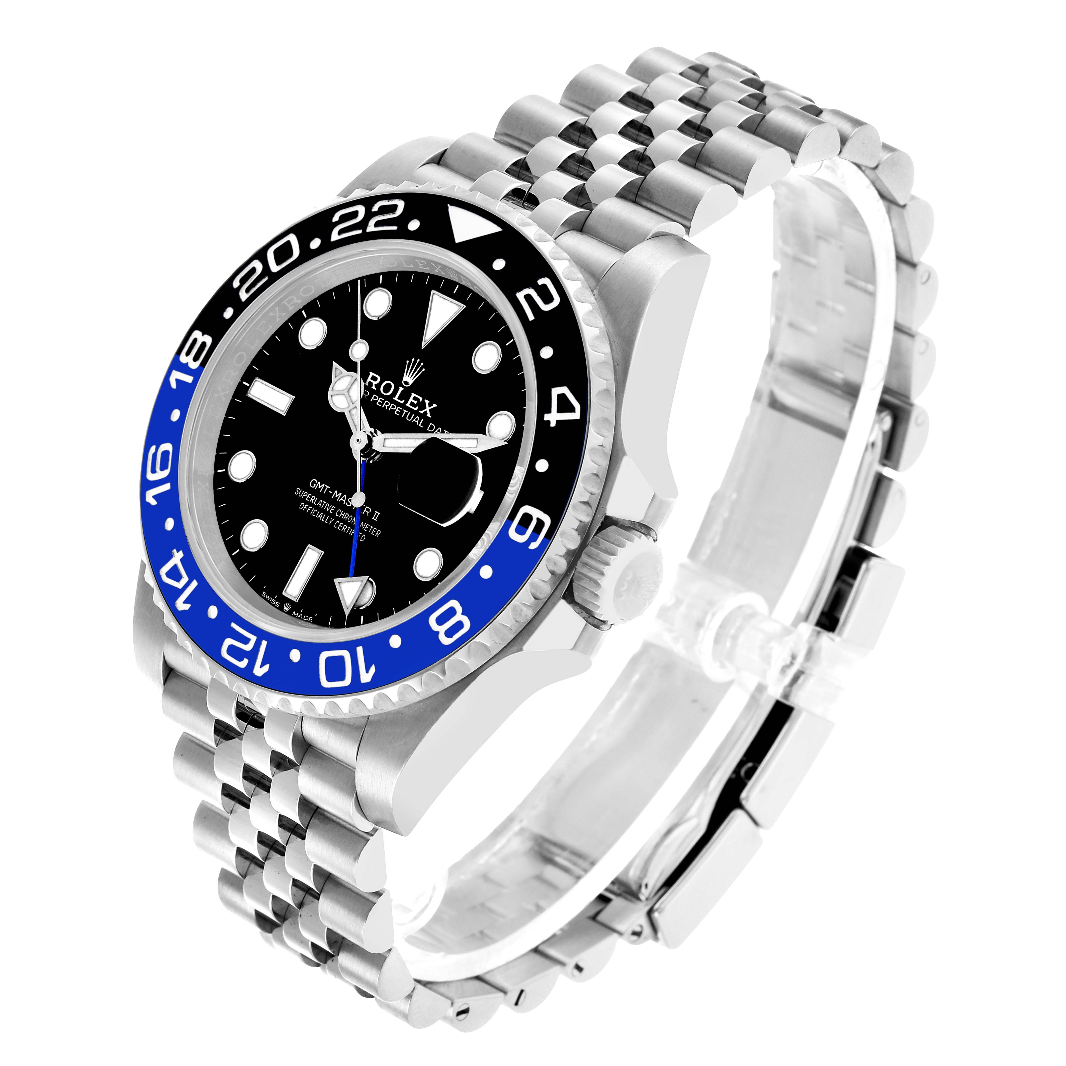 The Rolex GMT-Master 126710BLNR Men's Stainless Steel Black Dial is shown at a three-quarter angle, highlighting the bezel, dial, crown, and bracelet.