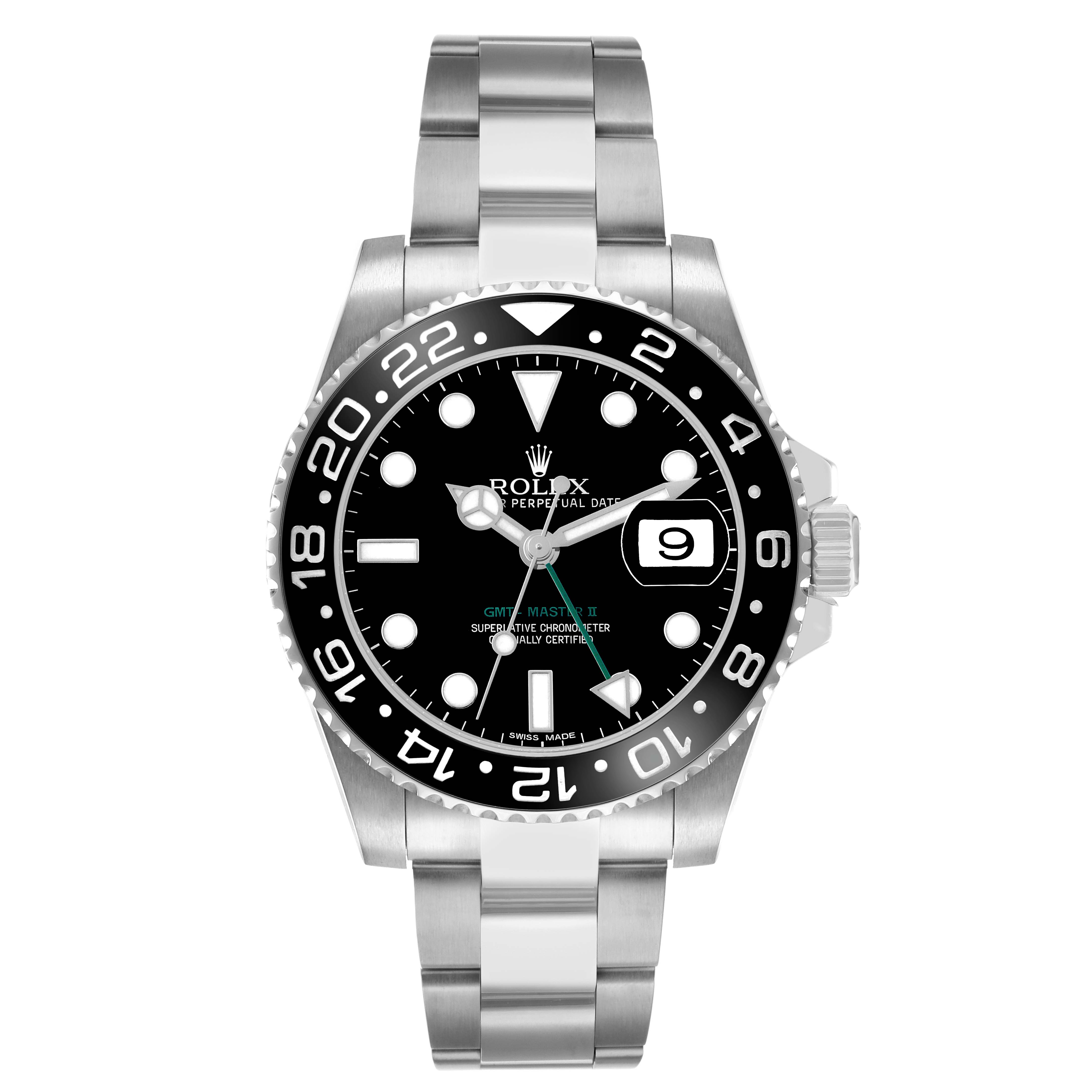 The Rolex GMT-Master 116710LN Men's Stainless Steel Black Dial II is shown from a front angle, highlighting the dial, bezel, bracelet, and crown.