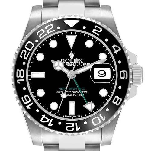 The image shows a frontal view of a Rolex GMT-Master 116710LN Men's Stainless Steel Black Dial II watch, highlighting the bezel, dial, hands, and crown.