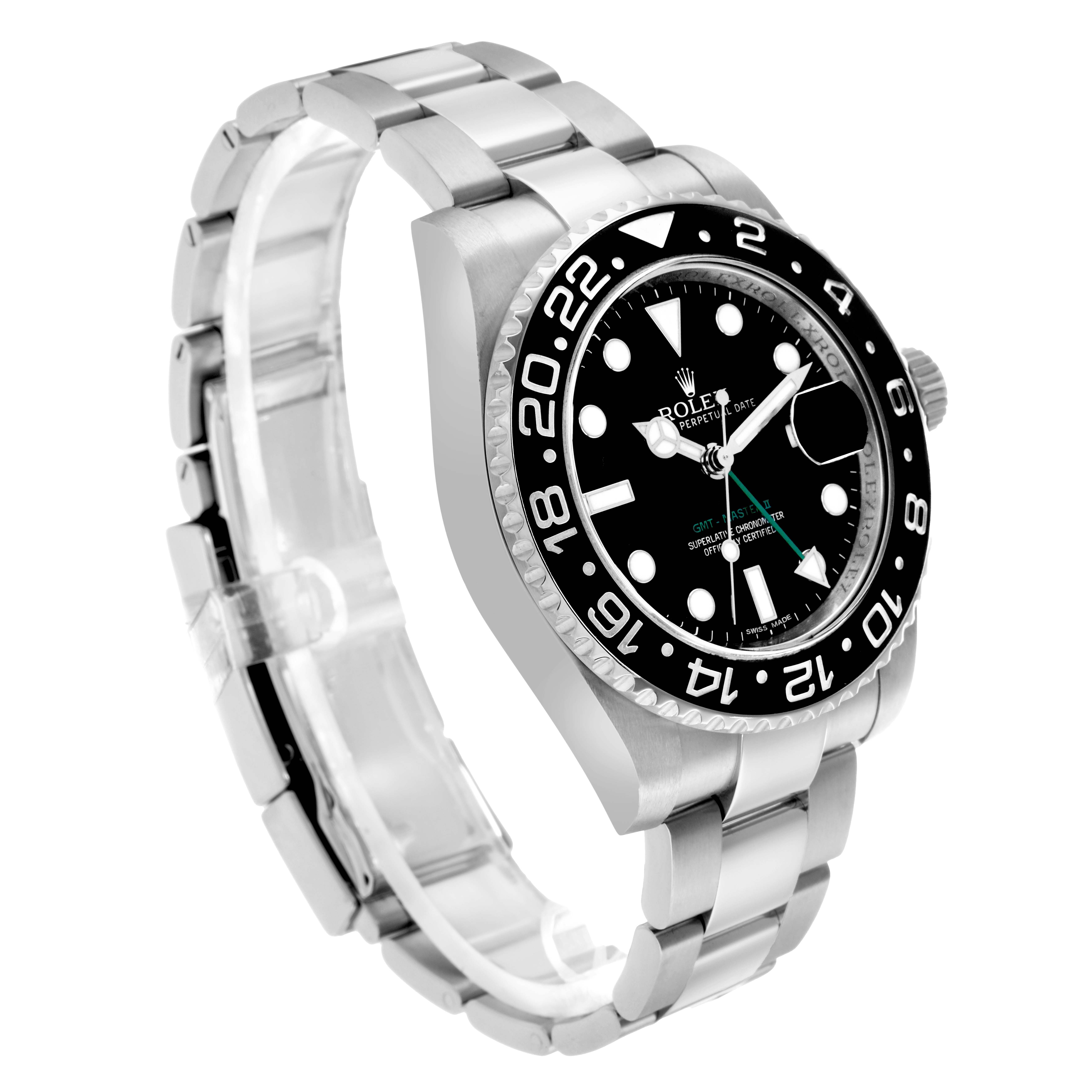 The Rolex GMT-Master 116710LN Men's Stainless Steel Black Dial watch is shown at a front angle highlighting the dial, bezel, and bracelet.