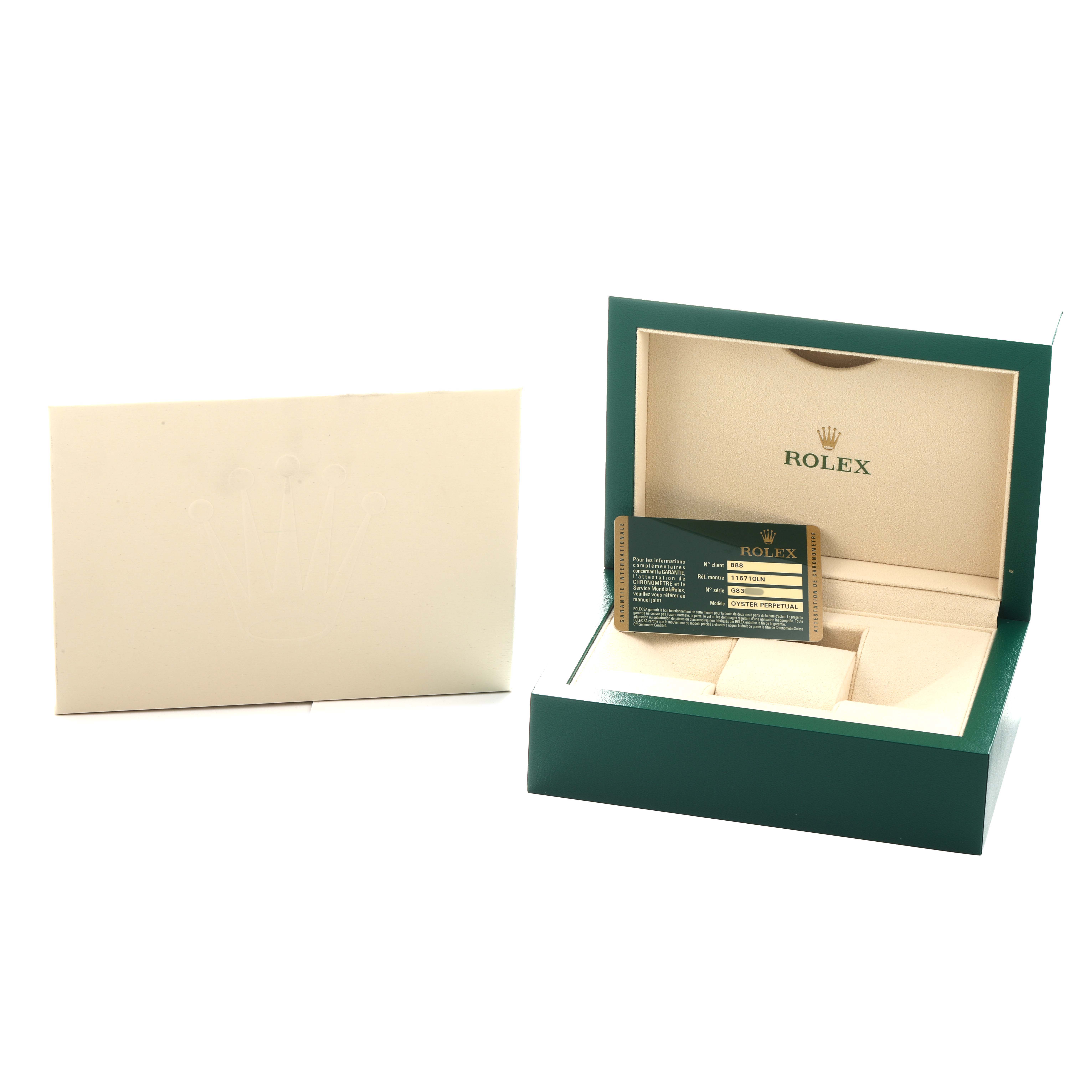 The image shows a Rolex GMT-Master 116710LN Men's Stainless Steel Black Dial box and warranty card positioned at an angle, highlighting the interior and accessories.