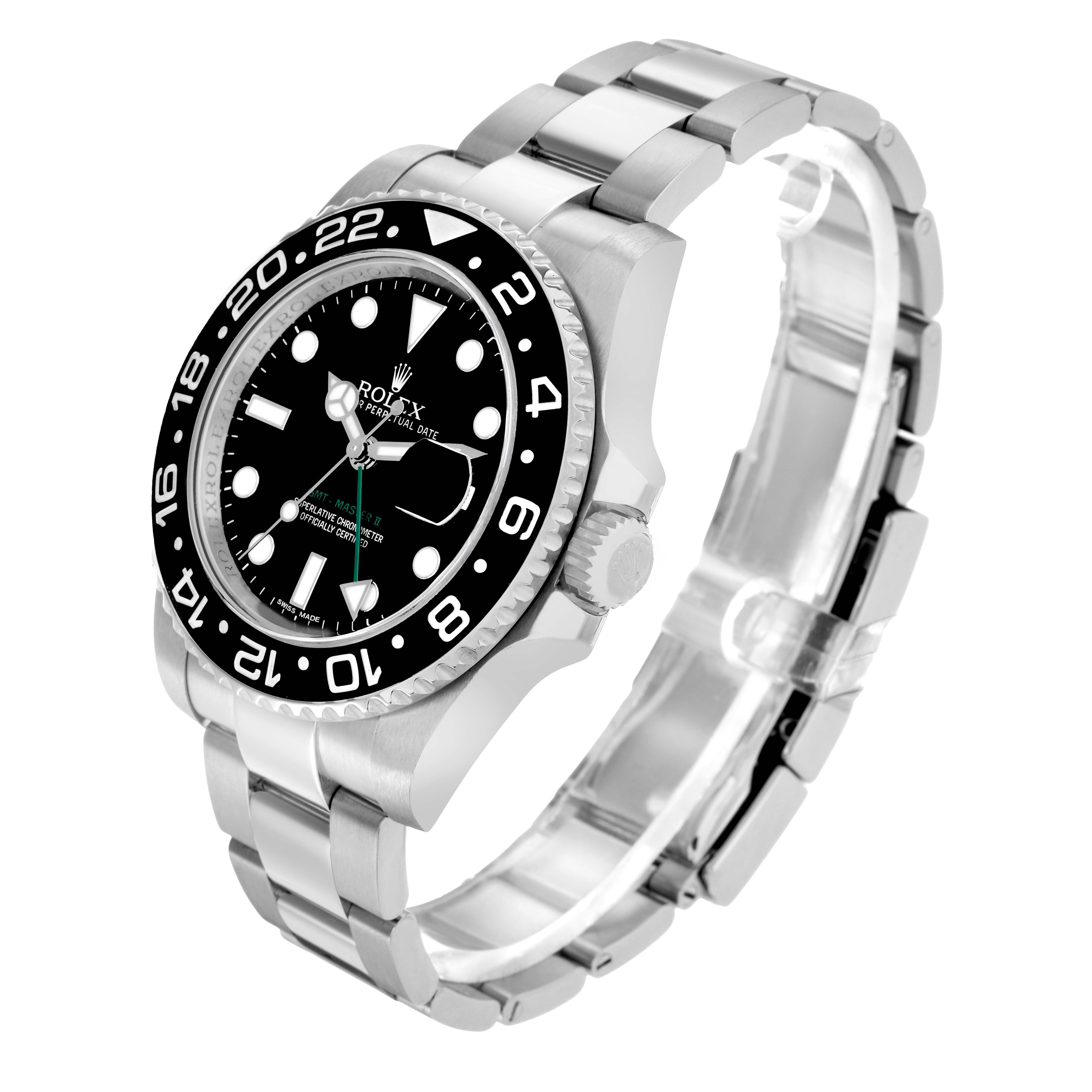 The Rolex GMT-Master 116710LN Men's Stainless Steel Black Dial watch is shown at a three-quarter angle, displaying the black bezel, dial, and stainless steel bracelet.