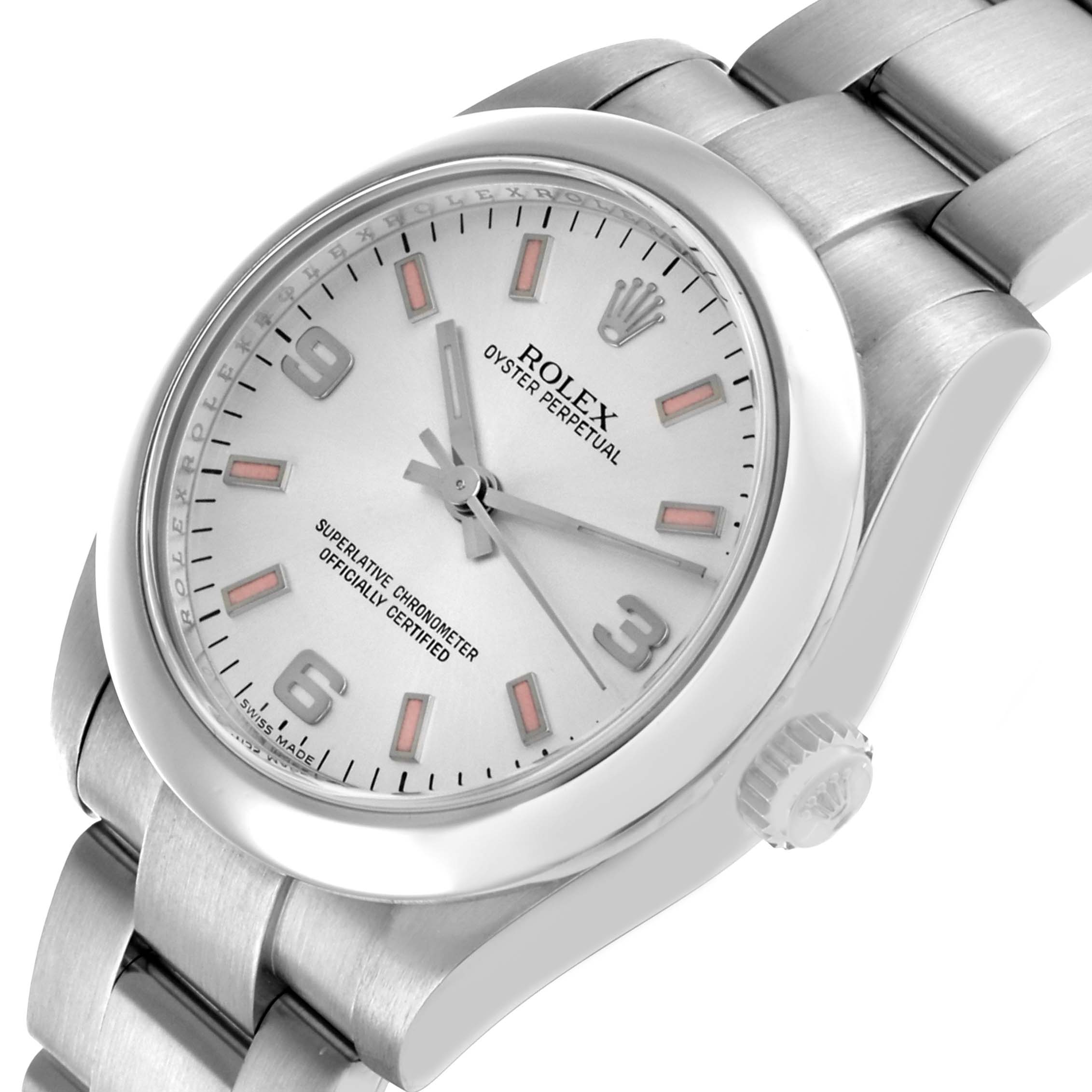 The Rolex Mid-Size 177200 Women's Stainless Steel Silver Dial watch is shown from a front-side angle, featuring the face, bezel, and bracelet links.