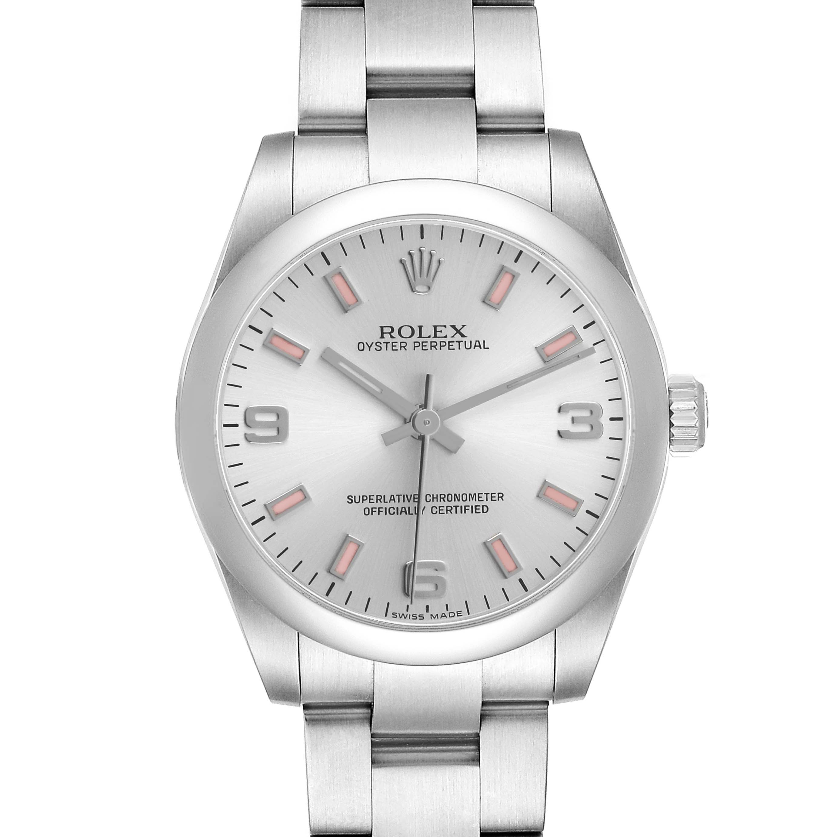 The Rolex Mid-Size 177200 Women's Stainless Steel Silver Dial Oyster Perpetual watch is shown from a front angle, displaying the full face and part of the bracelet.