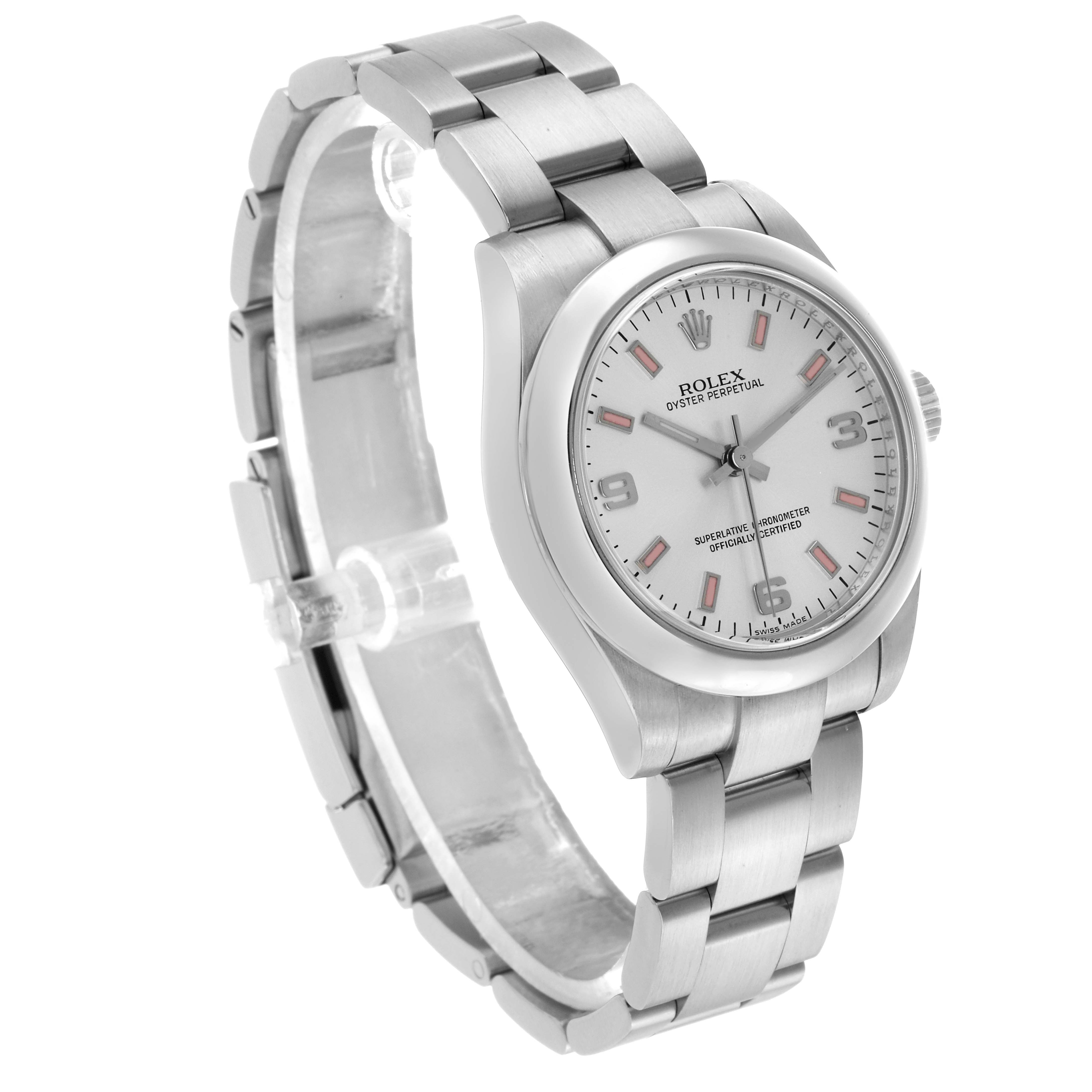 The Rolex Mid-Size 177200 Women's Stainless Steel Silver Dial watch is shown at a three-quarter angle, displaying its bracelet, case, and dial.