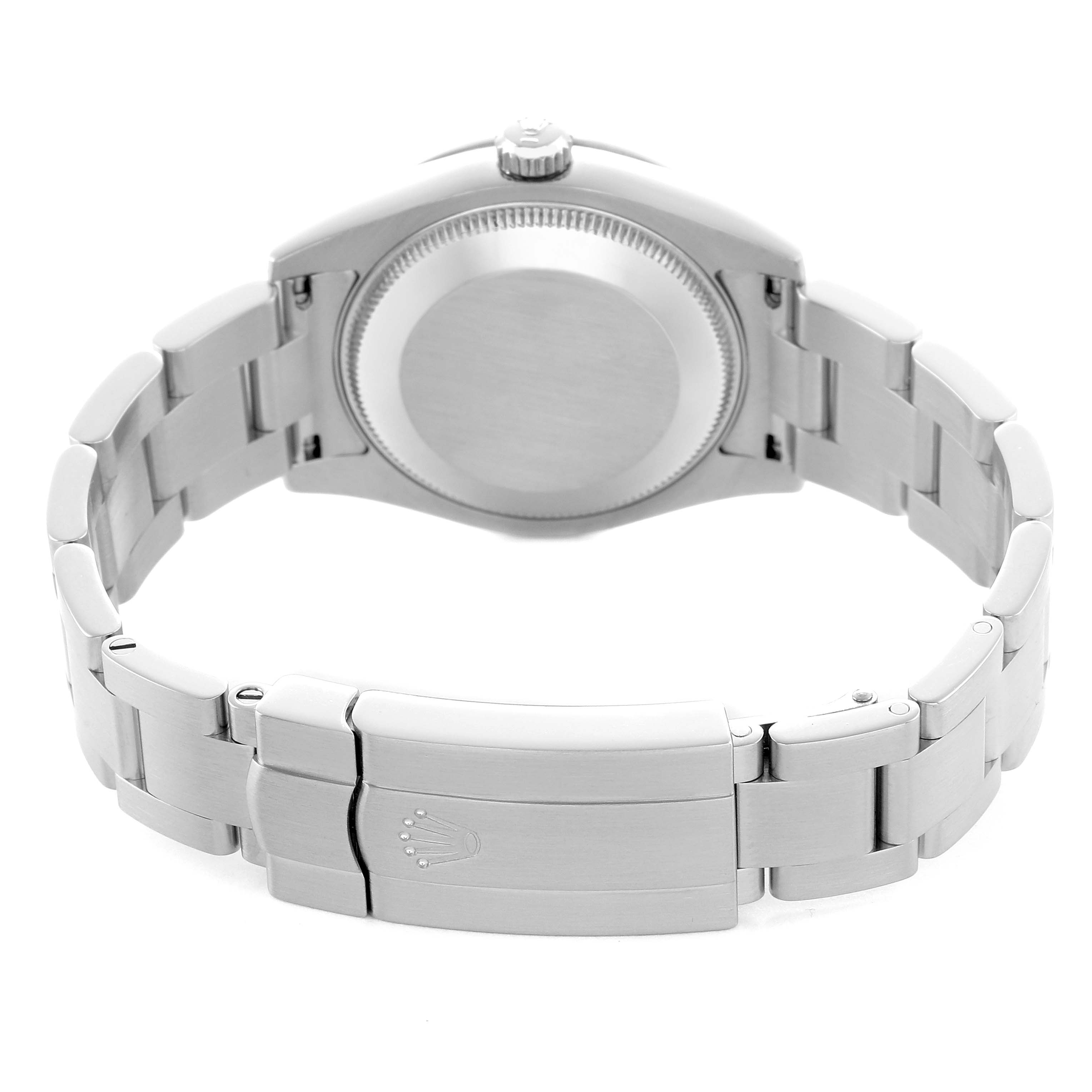 The Rolex Mid-Size 177200 Women's Stainless Steel Silver Dial watch is shown from the back, highlighting the case back and bracelet clasp.