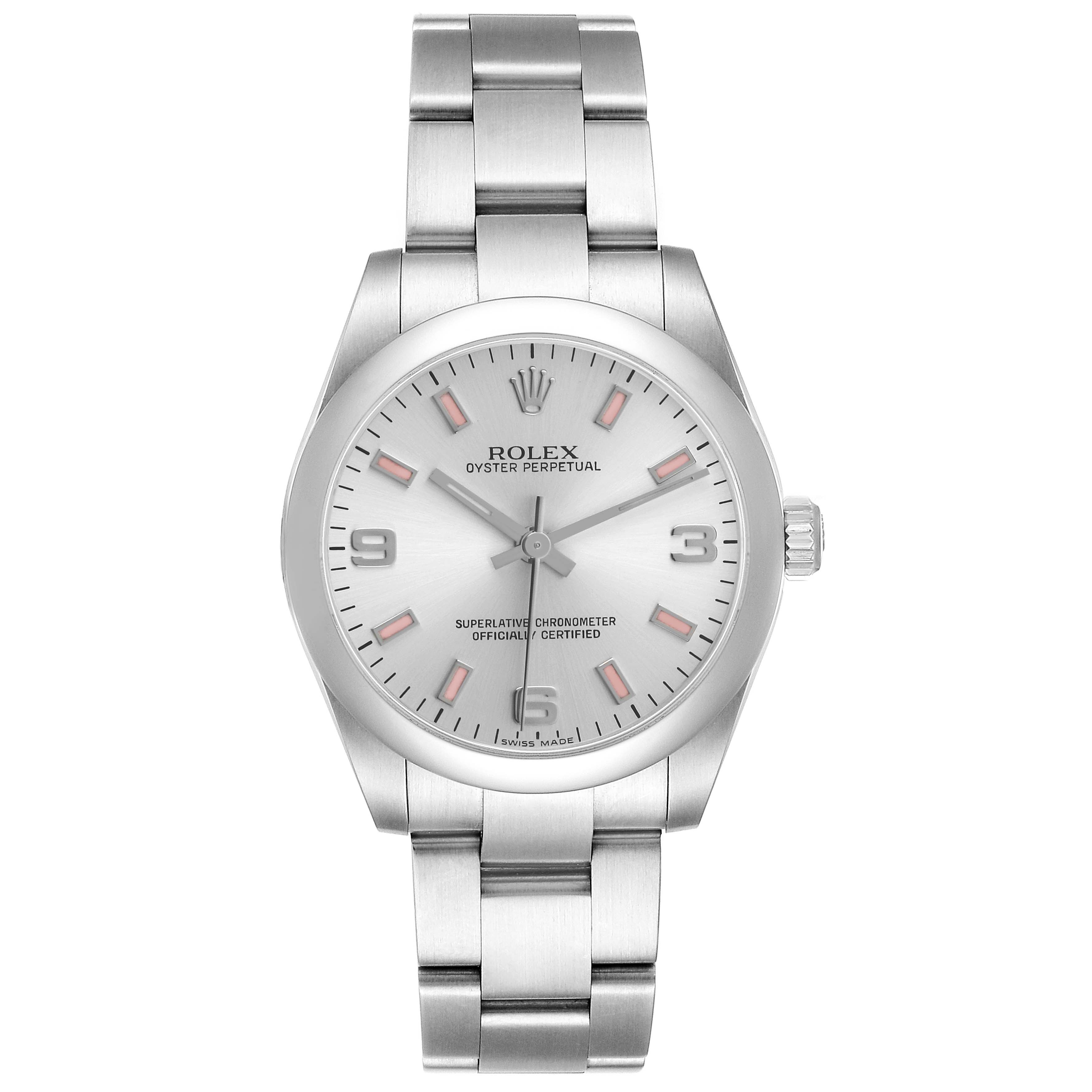 The Rolex Oyster Perpetual Mid-Size watch is shown from a straight-on angle displaying the dial, bezel, and bracelet.