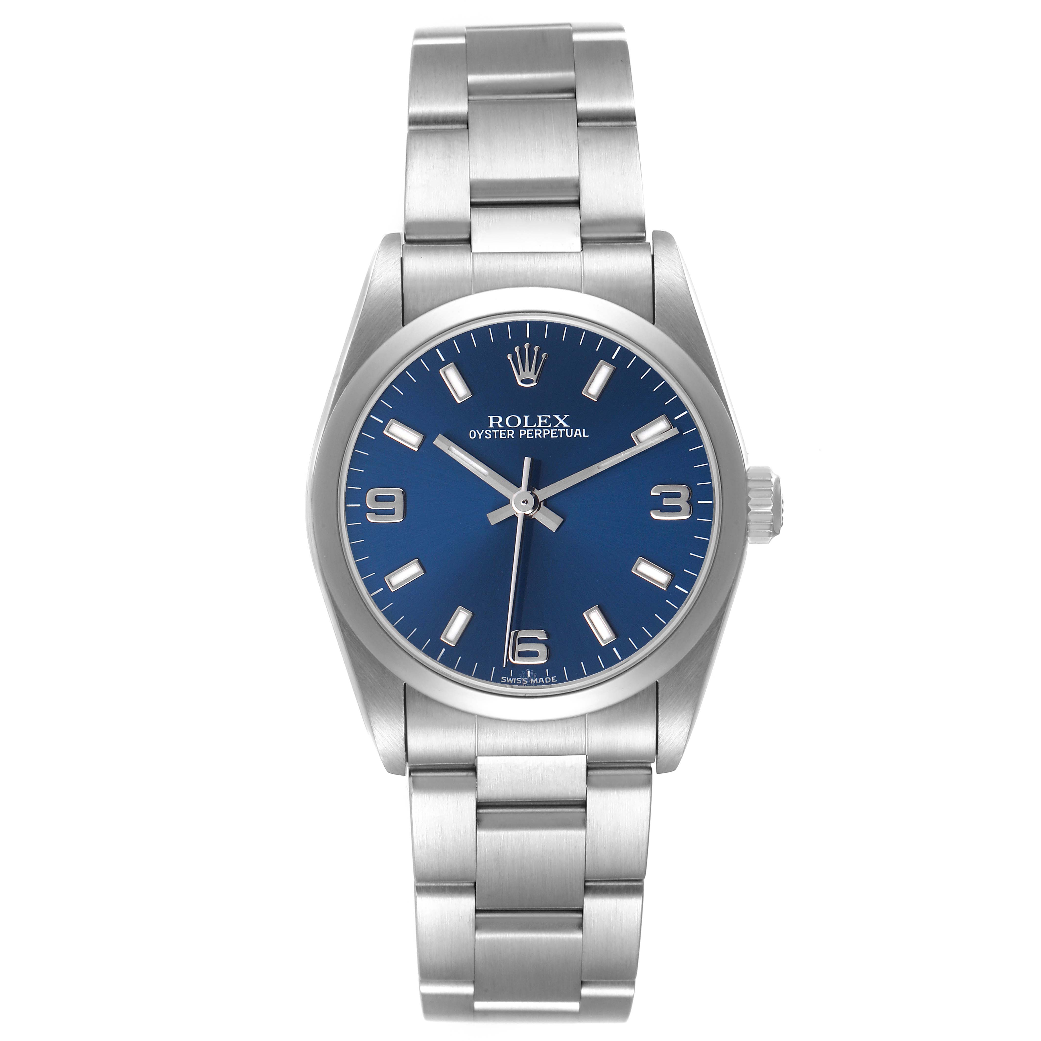 The Rolex Oyster Perpetual 77080 Women's Stainless Steel Blue Dial watch is shown from a front angle, displaying its blue dial, hour markers, and bracelet.