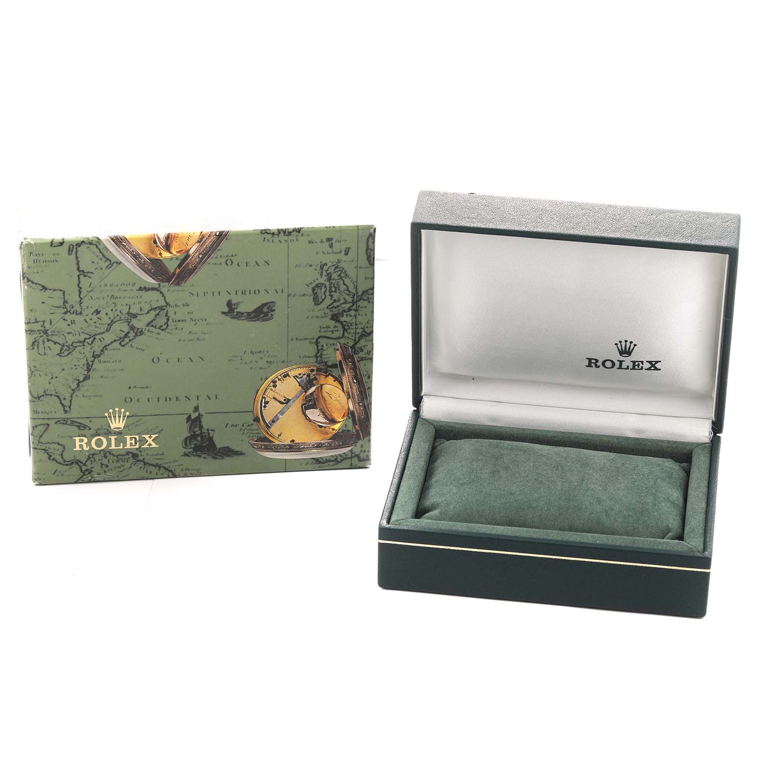 The image shows a Rolex Oyster Perpetual 77080 Women's Stainless Steel Blue Dial watch box and its outer packaging from a slightly elevated angle.