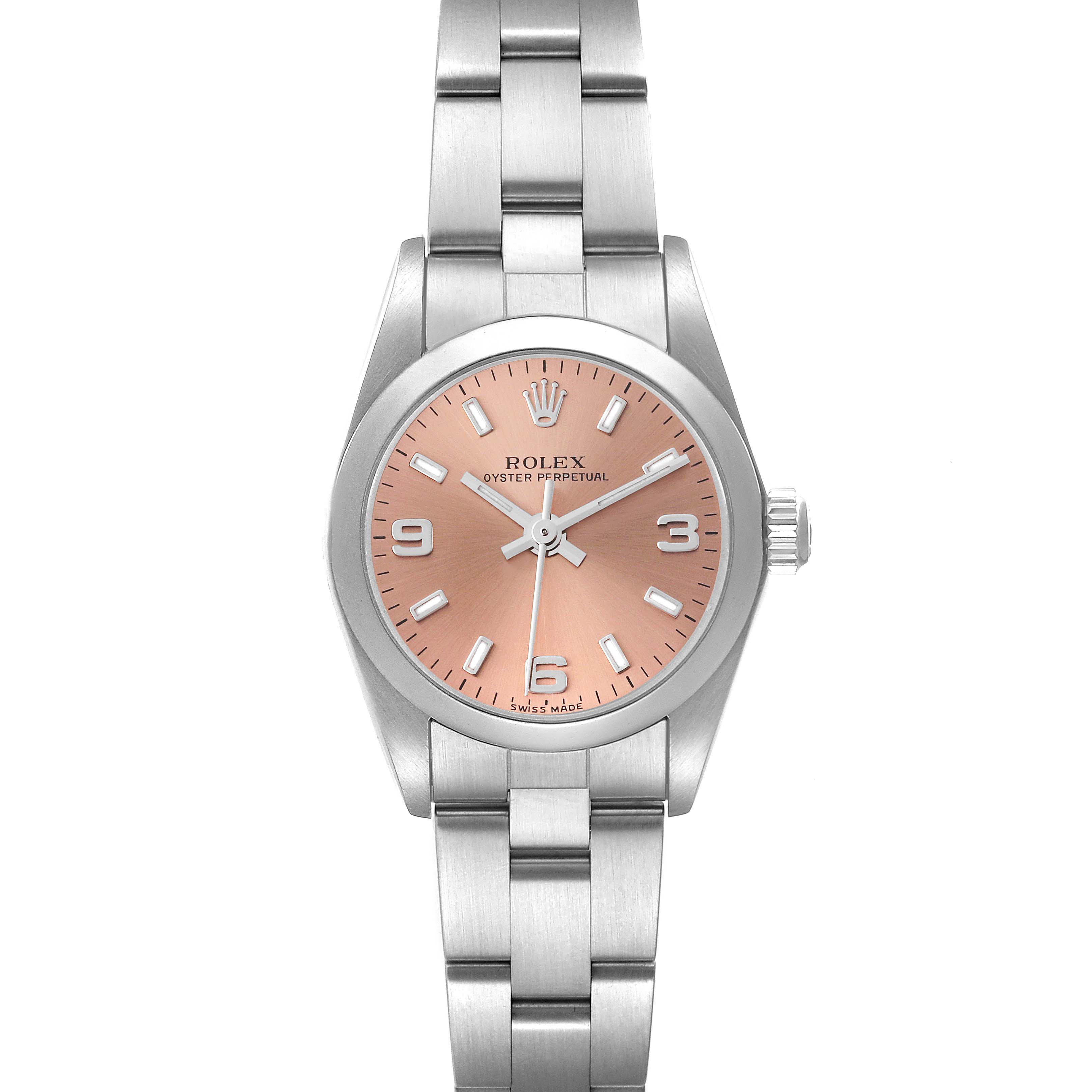 The Rolex Oyster Perpetual 76080 Women's Stainless Steel Pink Dial 76080 Women's Stainless Steel Pink Dial watch is shown from a front angle, displaying the face, bracelet, and crown.