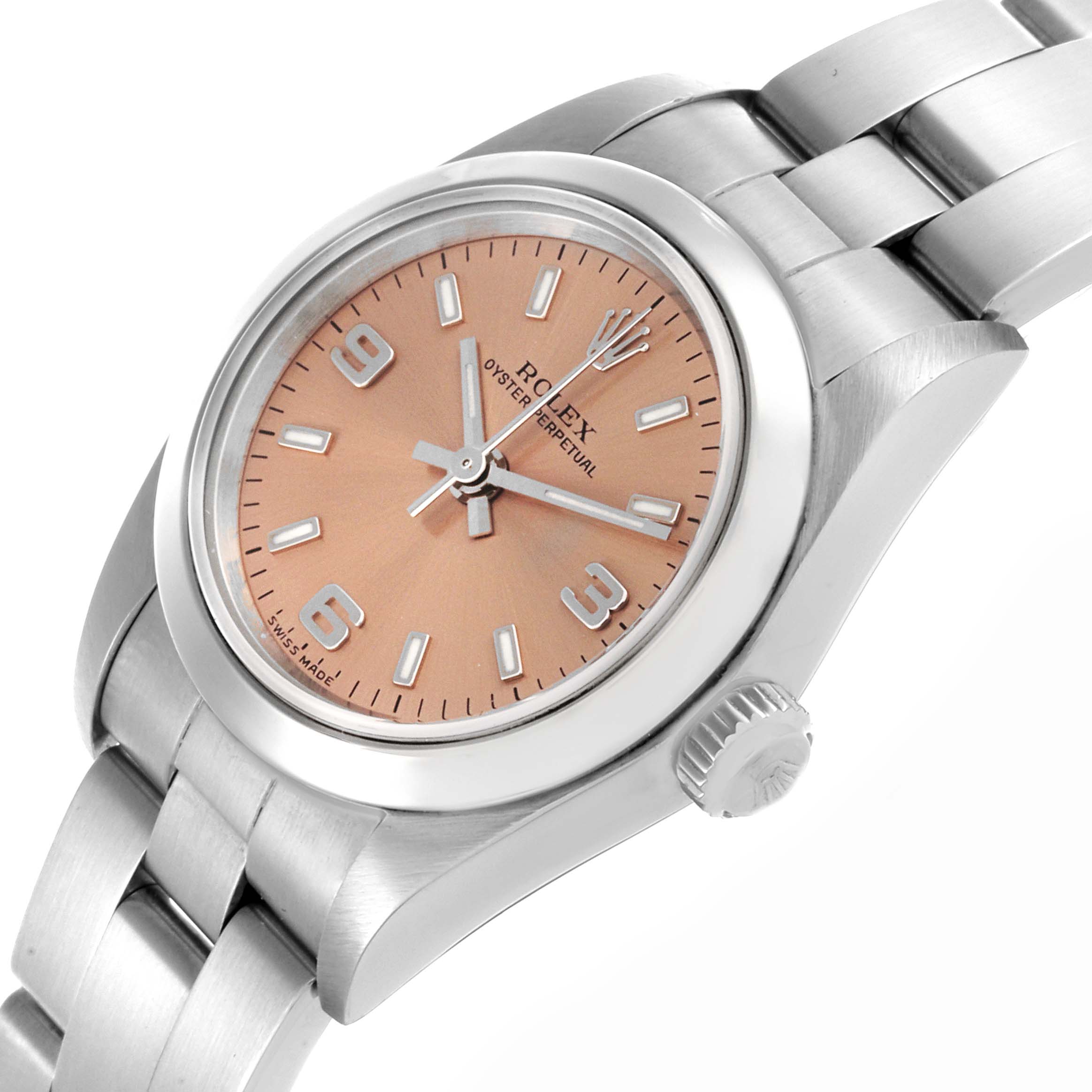 The Rolex Oyster Perpetual 76080 Women's Stainless Steel Pink Dial 76080 Women's Stainless Steel Pink Dial watch is shown from a side-angled view, highlighting its dial, crown, and metal bracelet.