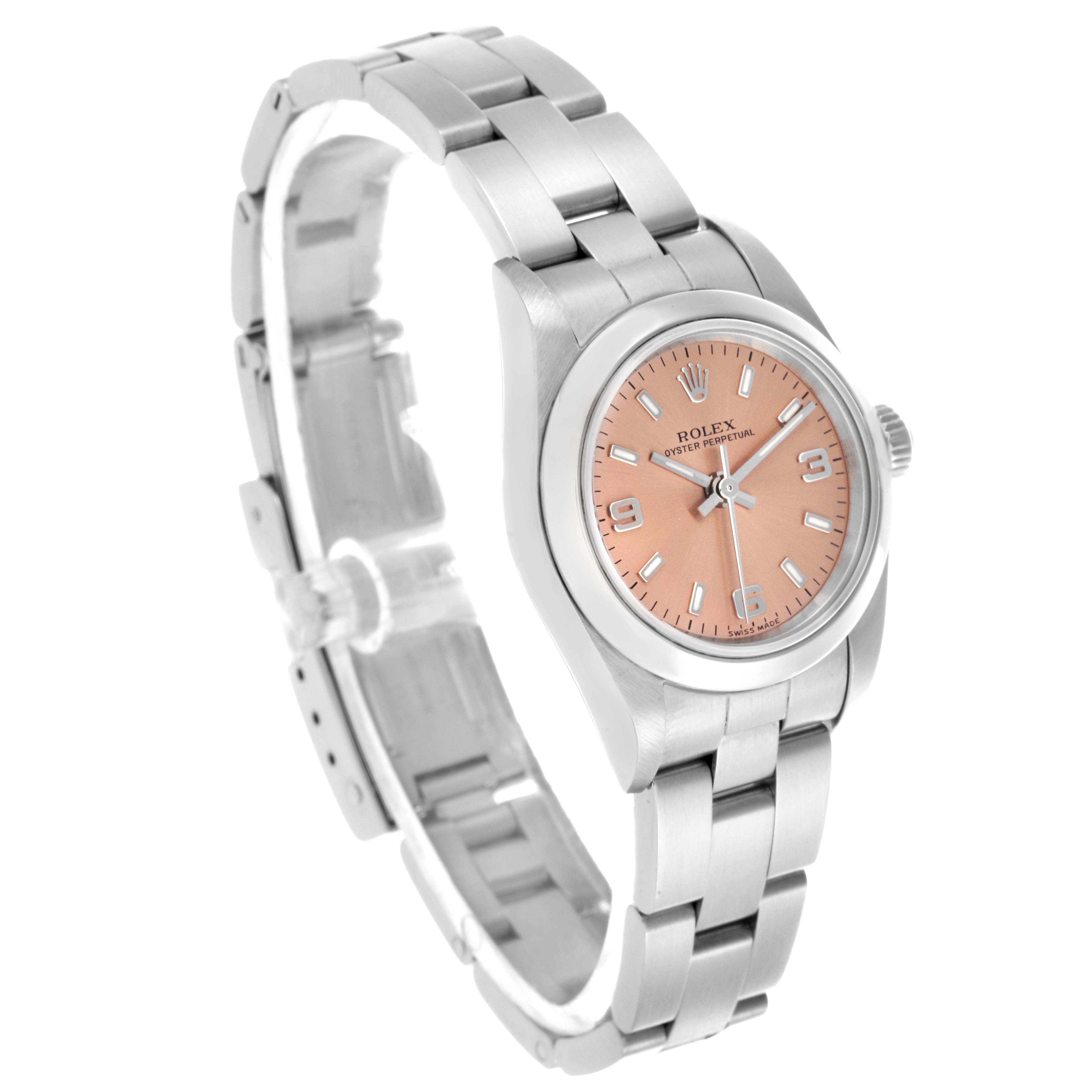 The Rolex Oyster Perpetual 76080 Women's Stainless Steel Pink Dial 76080 Women's Stainless Steel Pink Dial watch is shown at a tilted angle, highlighting the face, bezel, and bracelet.