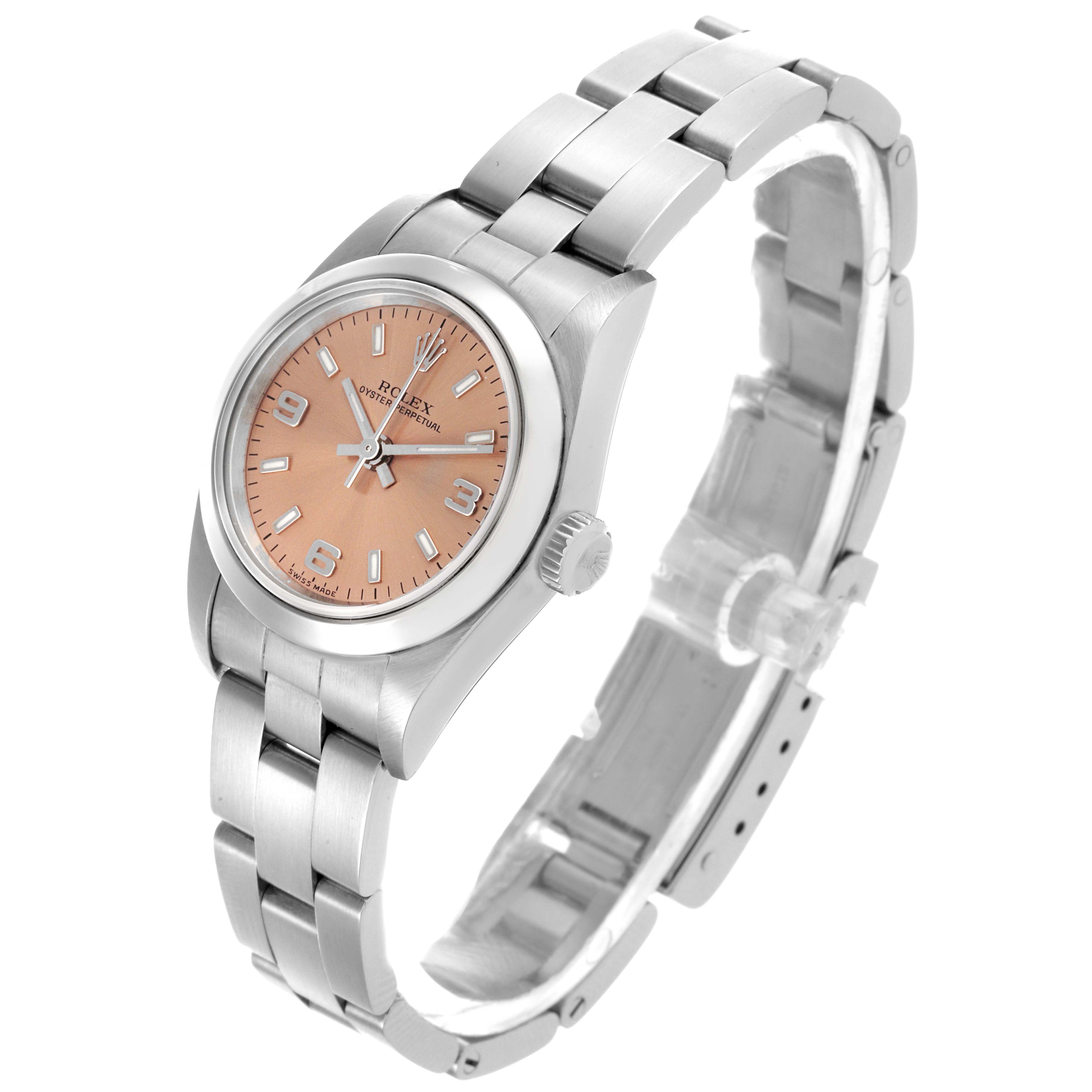 The Rolex Oyster Perpetual 76080 Women's Stainless Steel Pink Dial 76080 Women's Stainless Steel Pink Dial is shown at an angled top view, highlighting the dial, bezel, and bracelet.