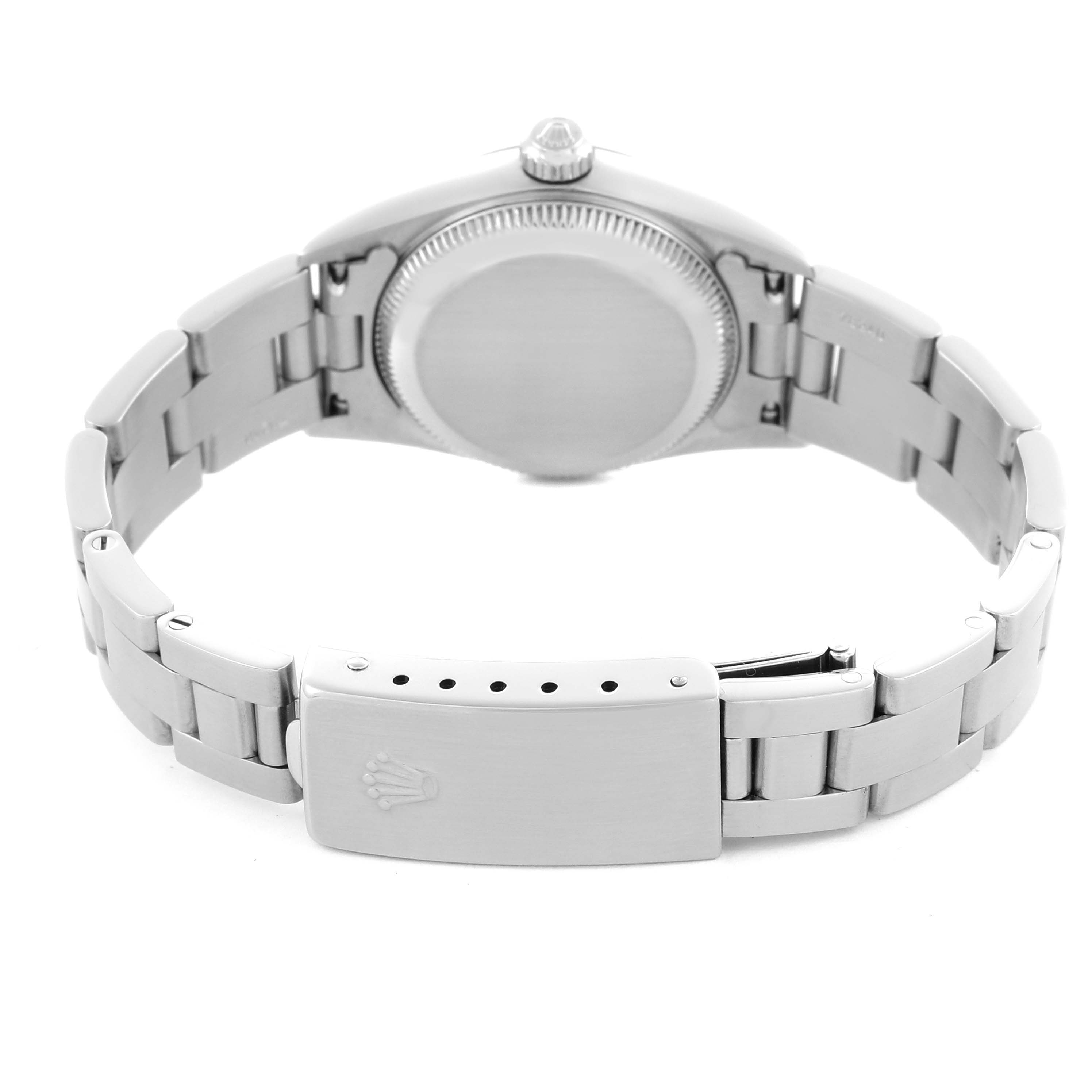 The image shows the back view of a Rolex Oyster Perpetual 76080 Women's Stainless Steel Pink Dial 76080 Women's Stainless Steel Pink Dial, highlighting the case back and bracelet clasp.