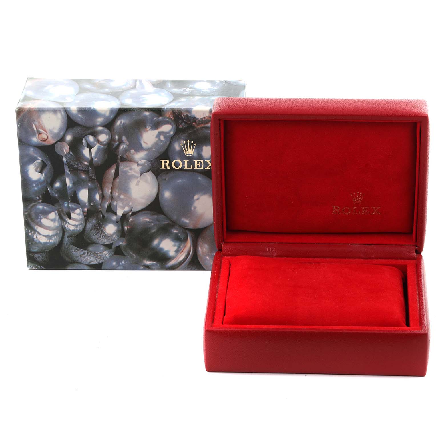 The image shows the Rolex Oyster Perpetual 76080 Women's Stainless Steel Pink Dial 76080 Women's Stainless Steel Pink Dial watch box and a decorative outer box, with no watch visible.