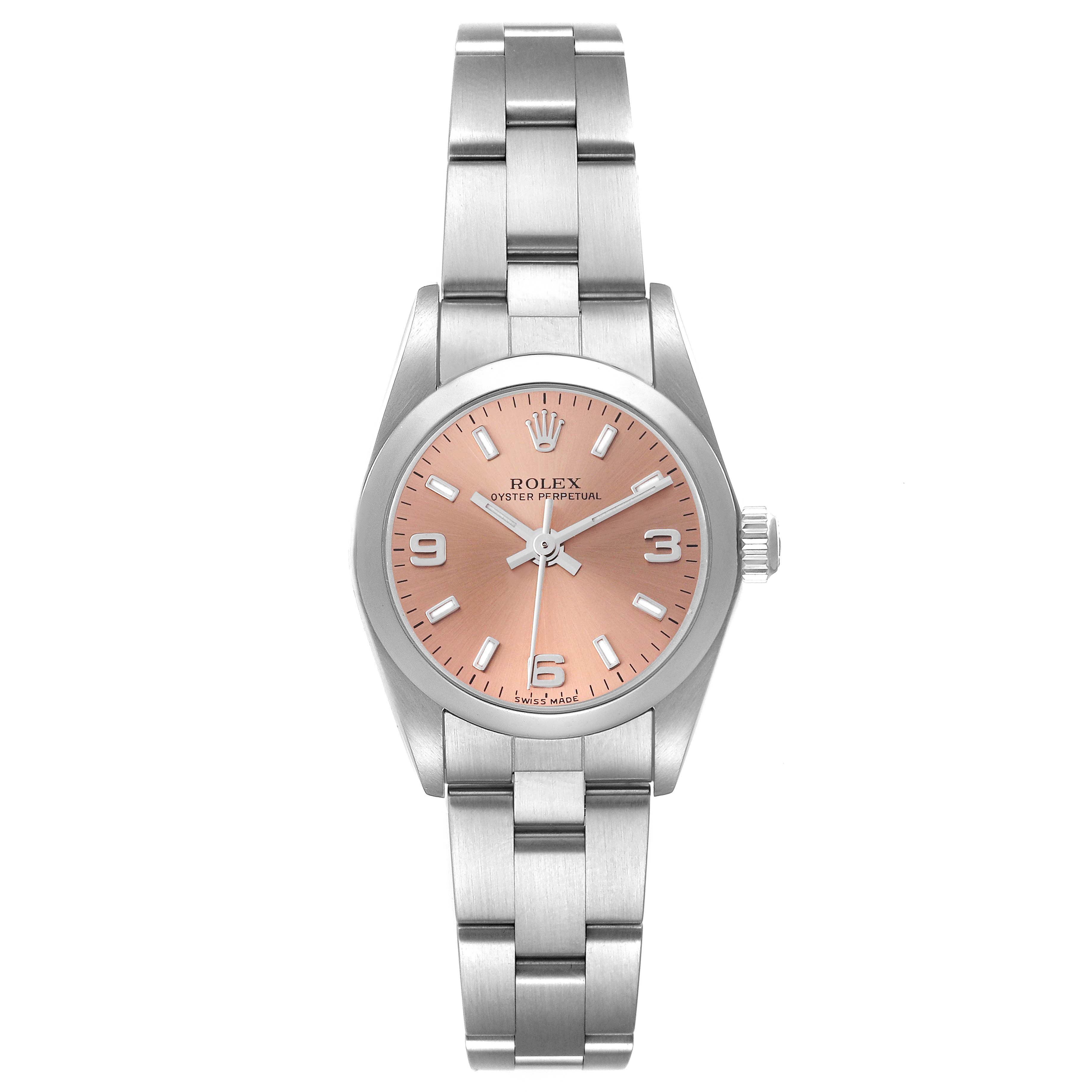 The image shows a front view of the Rolex Oyster Perpetual 76080 Women's Stainless Steel Pink Dial 76080 Women's Stainless Steel Pink Dial watch, displaying the face, bezel, crown, and bracelet.