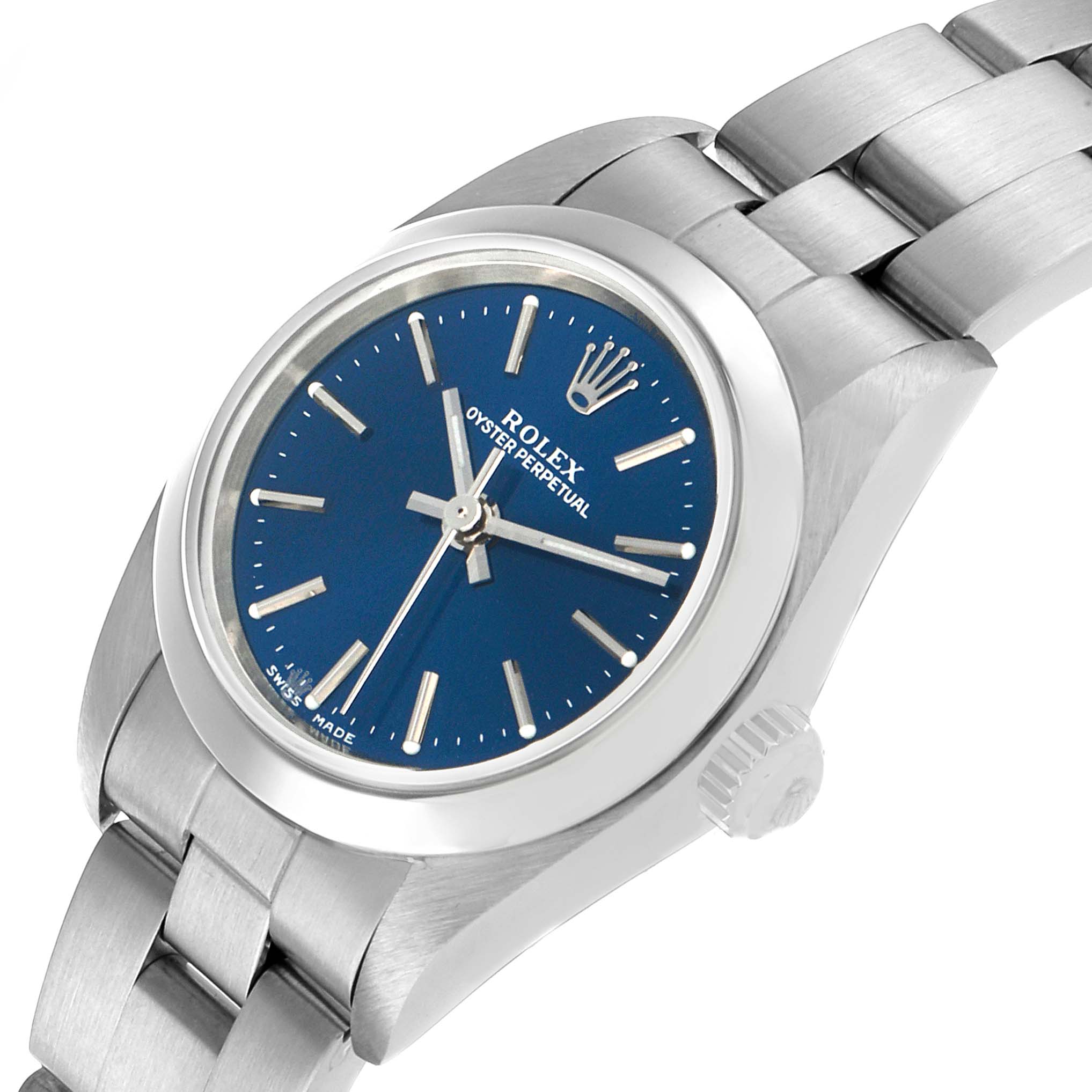 The Rolex Oyster Perpetual 76080 Women's Stainless Steel Blue Dial watch is shown at an angled view, displaying the blue dial, stainless steel bracelet, bezel, and crown.