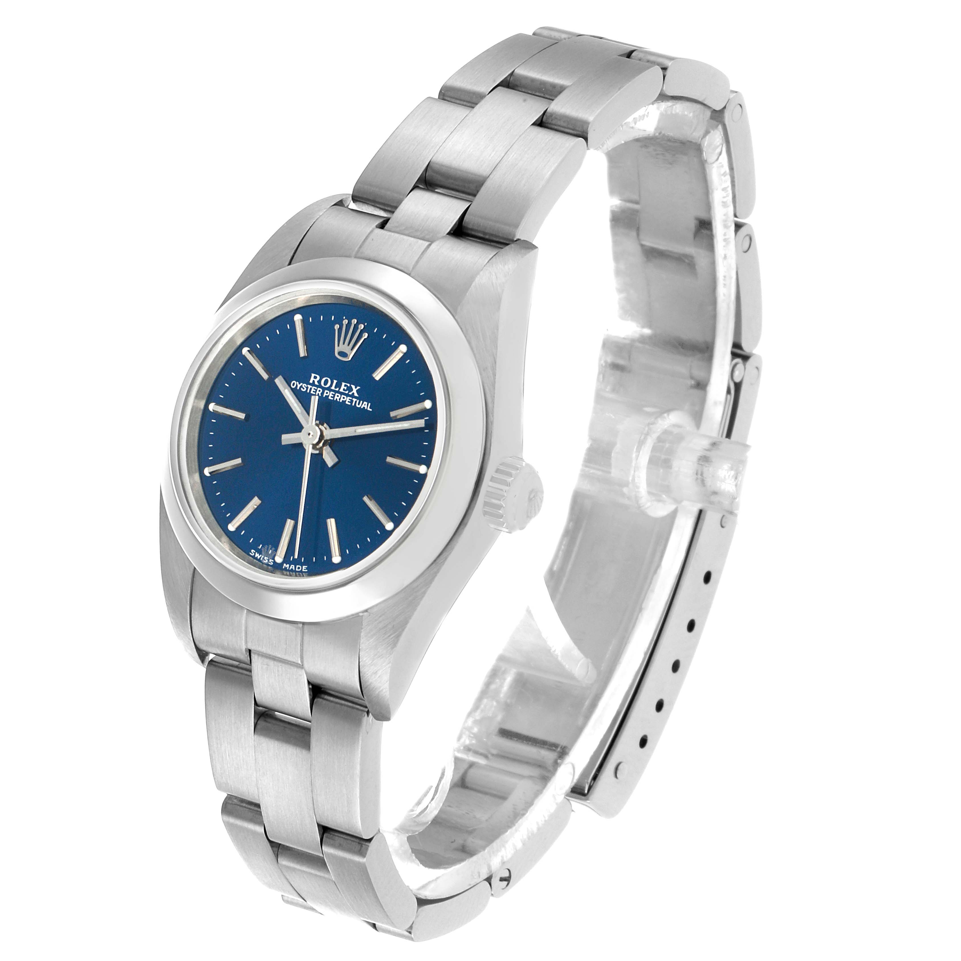 The Rolex Oyster Perpetual 76080 Women's Stainless Steel Blue Dial watch is shown from a three-quarter angle, displaying the bracelet, case, and blue dial.