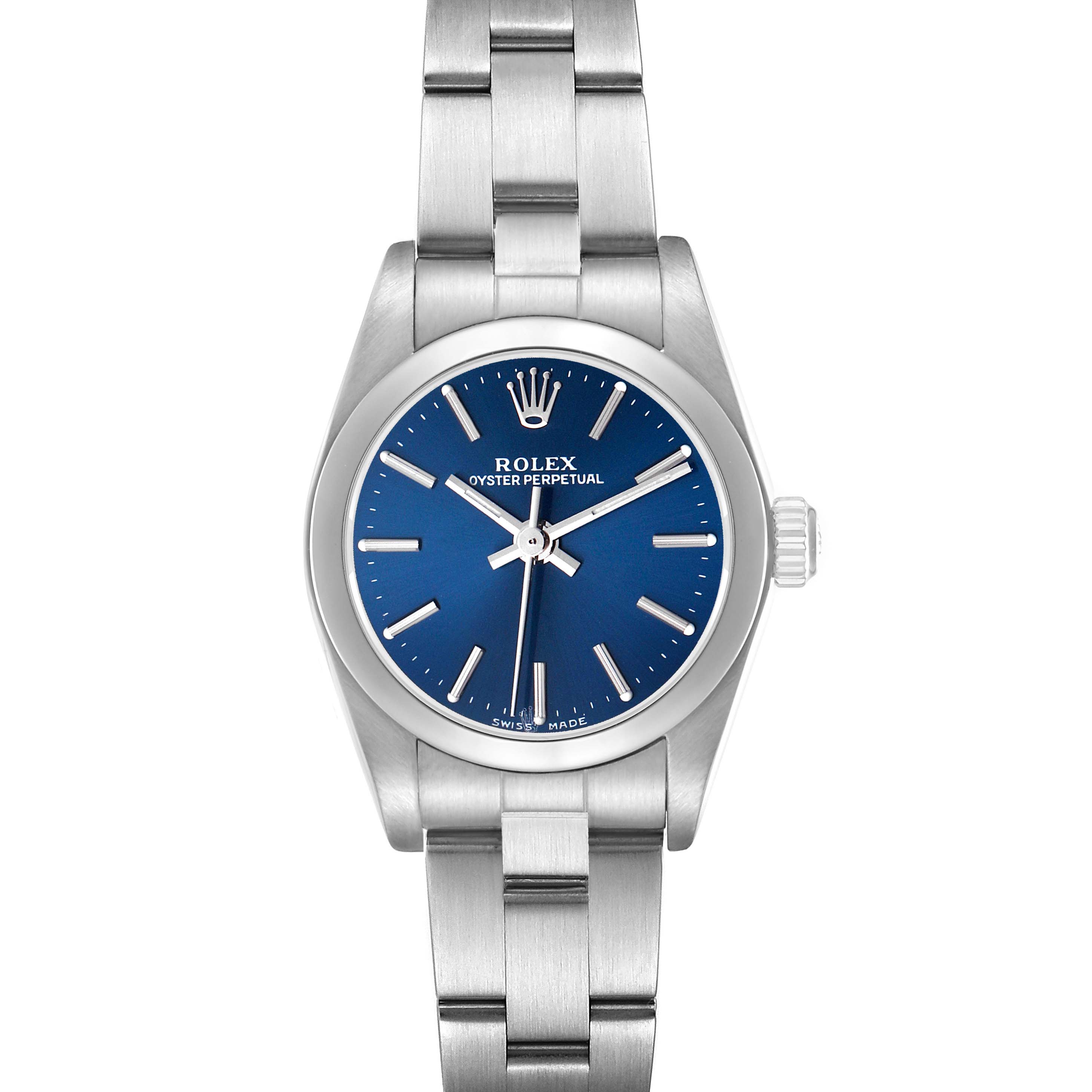 The Rolex Oyster Perpetual 76080 Women's Stainless Steel Blue Dial watch is shown from the front, displaying the blue dial, hands, crown, and part of the bracelet.