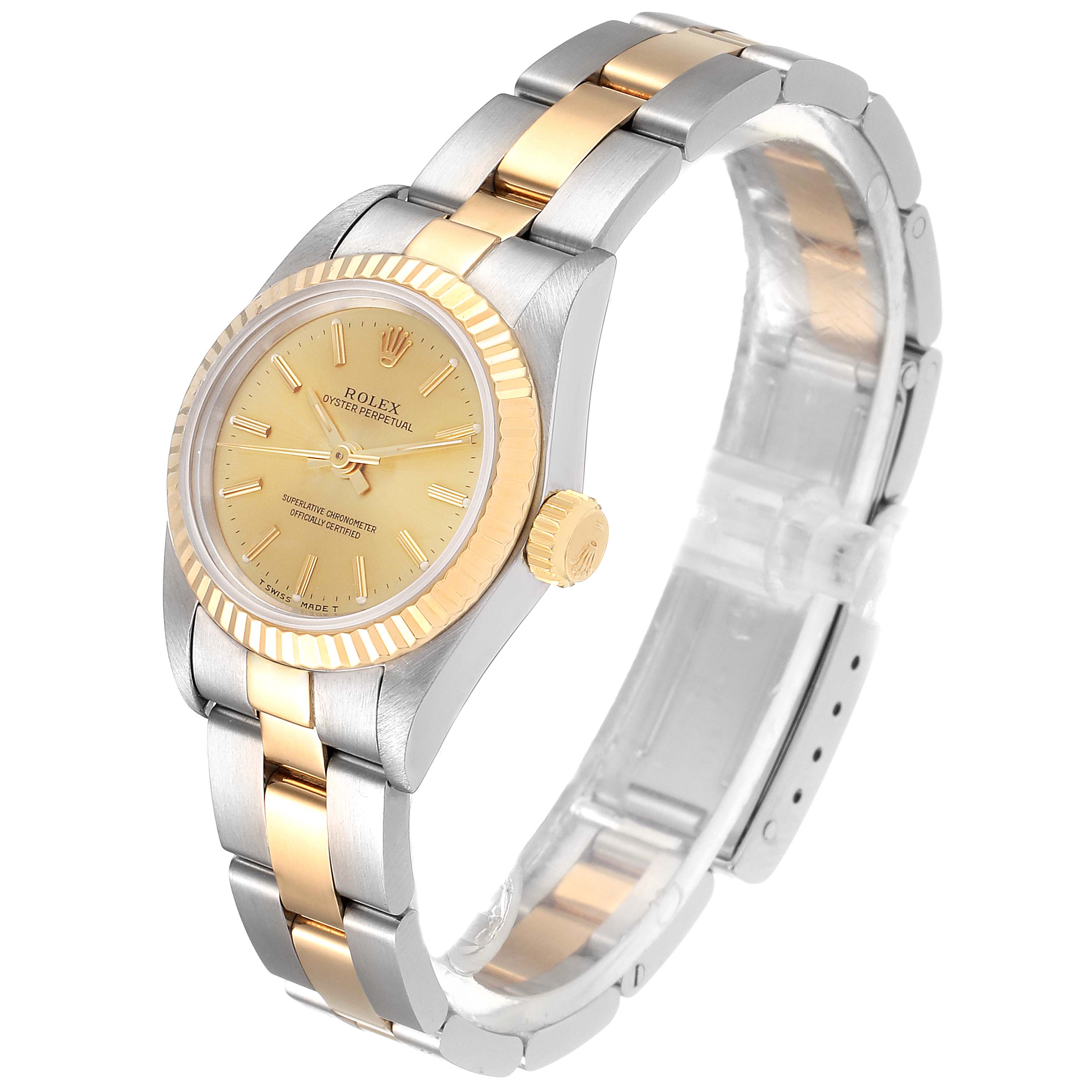 This Rolex Oyster Perpetual 67193 Women's Steel and Gold (two tone) Champagne Dial 67193 Women's Steel and Gold (two tone) Champagne Dial watch is viewed from a front angle, showcasing its bezel, dial, and two-tone bracelet.