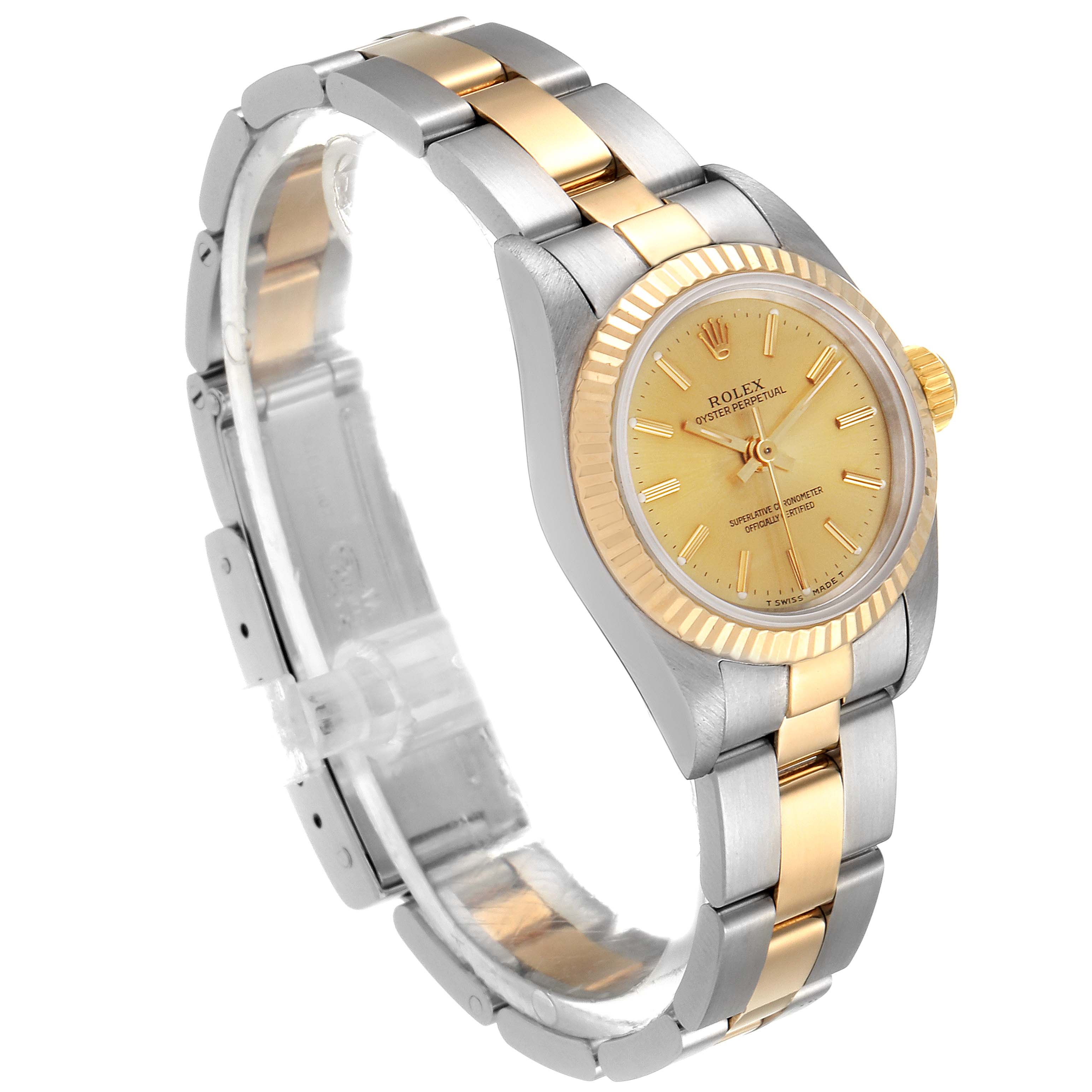 The image shows a angled view of a Rolex Oyster Perpetual 67193 Women's Steel and Gold (two tone) Champagne Dial 67193 Women's Steel and Gold (two tone) Champagne Dial watch, displaying its two-tone bracelet and gold dial.