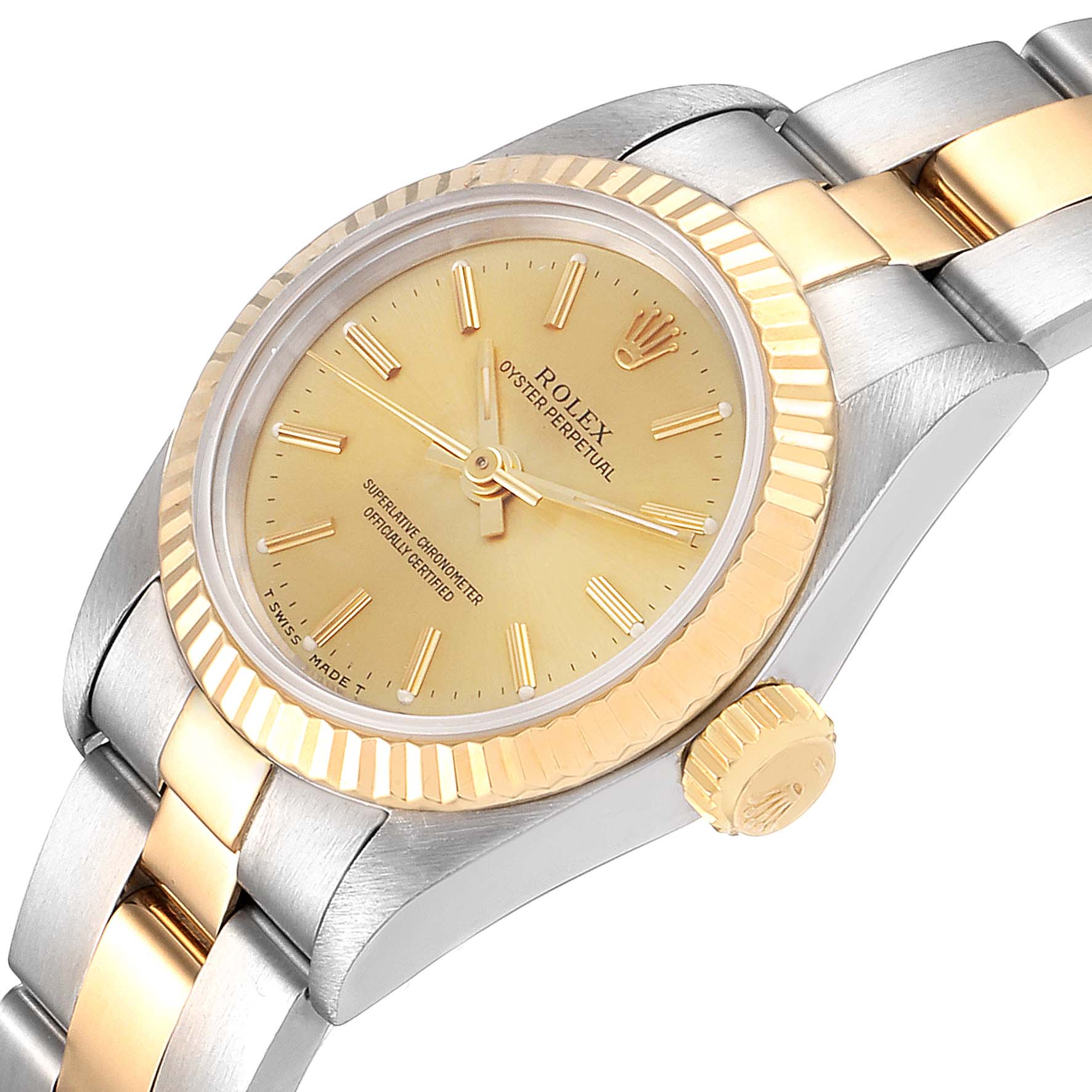 The image shows a Rolex Oyster Perpetual 67193 Women's Steel and Gold (two tone) Champagne Dial 67193 Women's Steel and Gold (two tone) Champagne Dial watch from a slight front angle, highlighting the dial, case, bezel, and part of the bracelet.