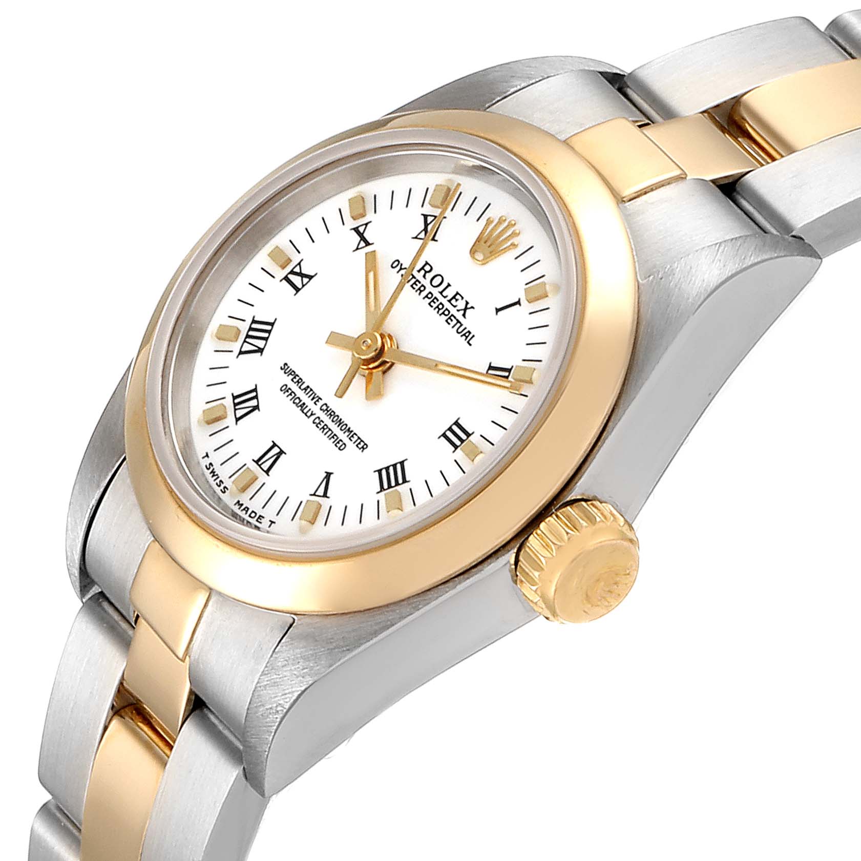 A Rolex Oyster Perpetual 67183 Women
s Steel and Gold (two tone) White Dial 67183 Women
s Steel and Gold (two tone) White Dial watch shown at an angle, highlighting its bezel, crown, bracelet, and face.